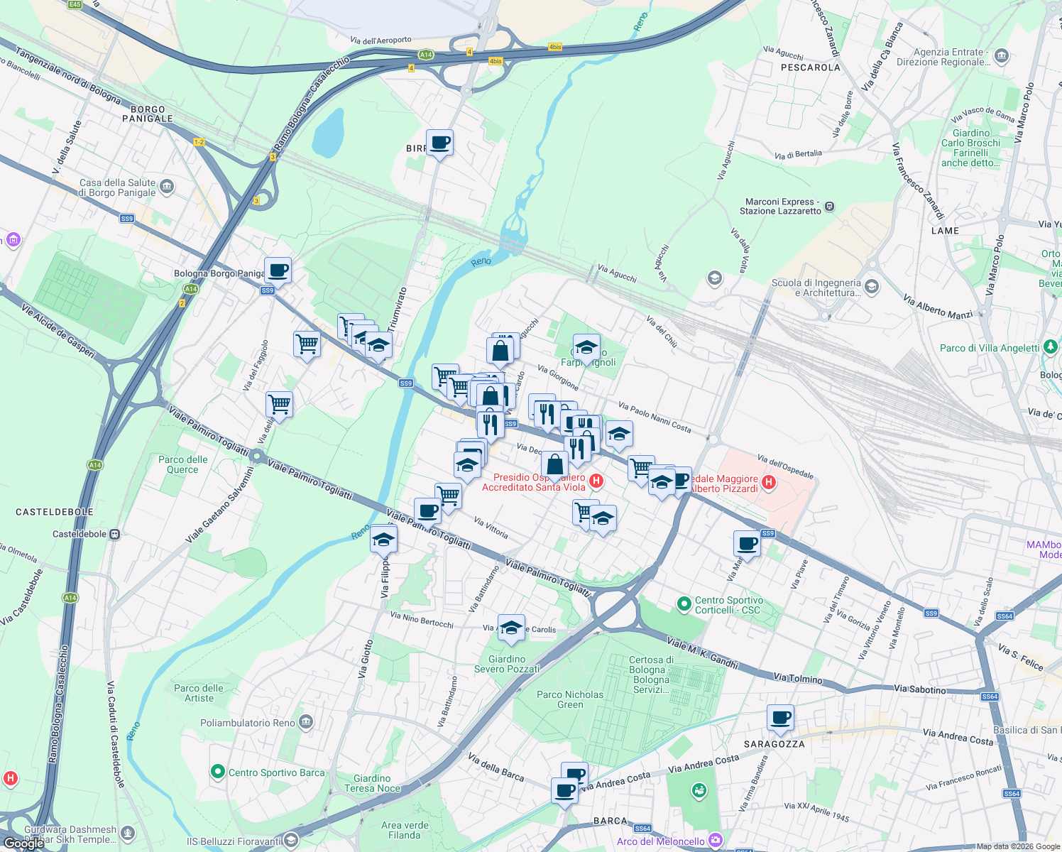 map of restaurants, bars, coffee shops, grocery stores, and more near 132 Via Emilia Ponente in Bologna