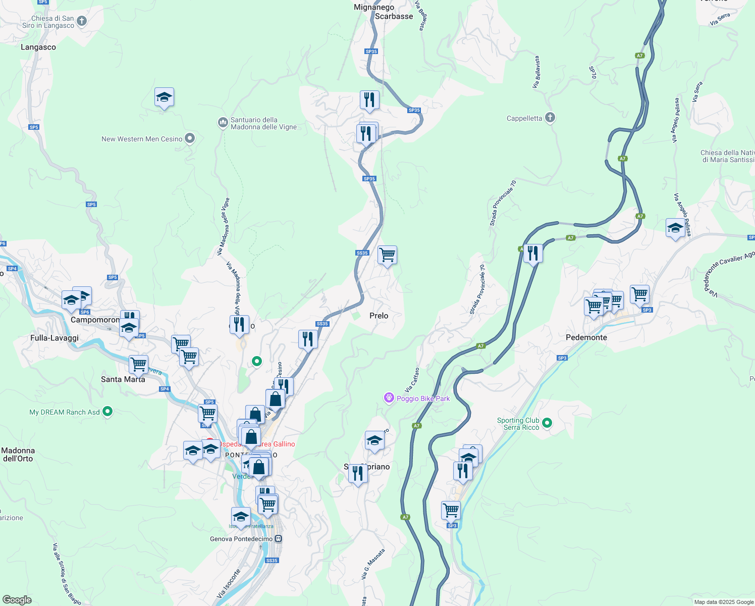 map of restaurants, bars, coffee shops, grocery stores, and more near 21 Via Paolo Gennaro in Prelo