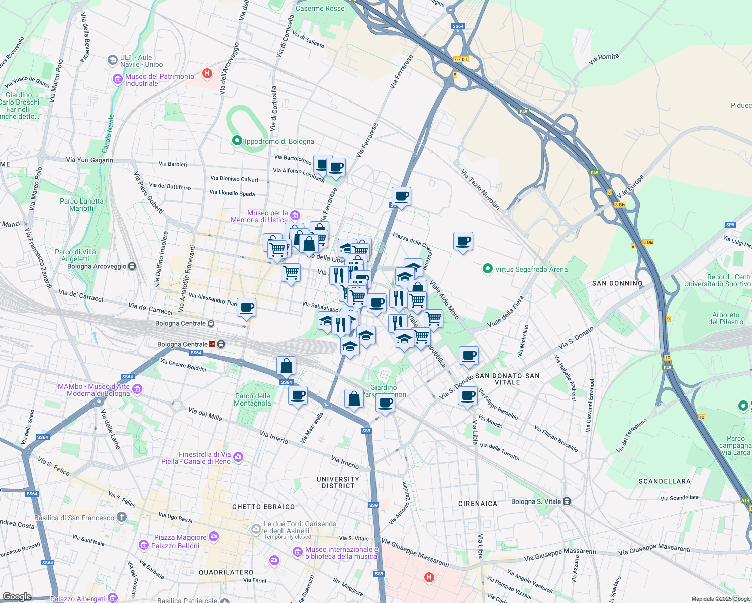 map of restaurants, bars, coffee shops, grocery stores, and more near 39 Via del Lavoro in Bologna