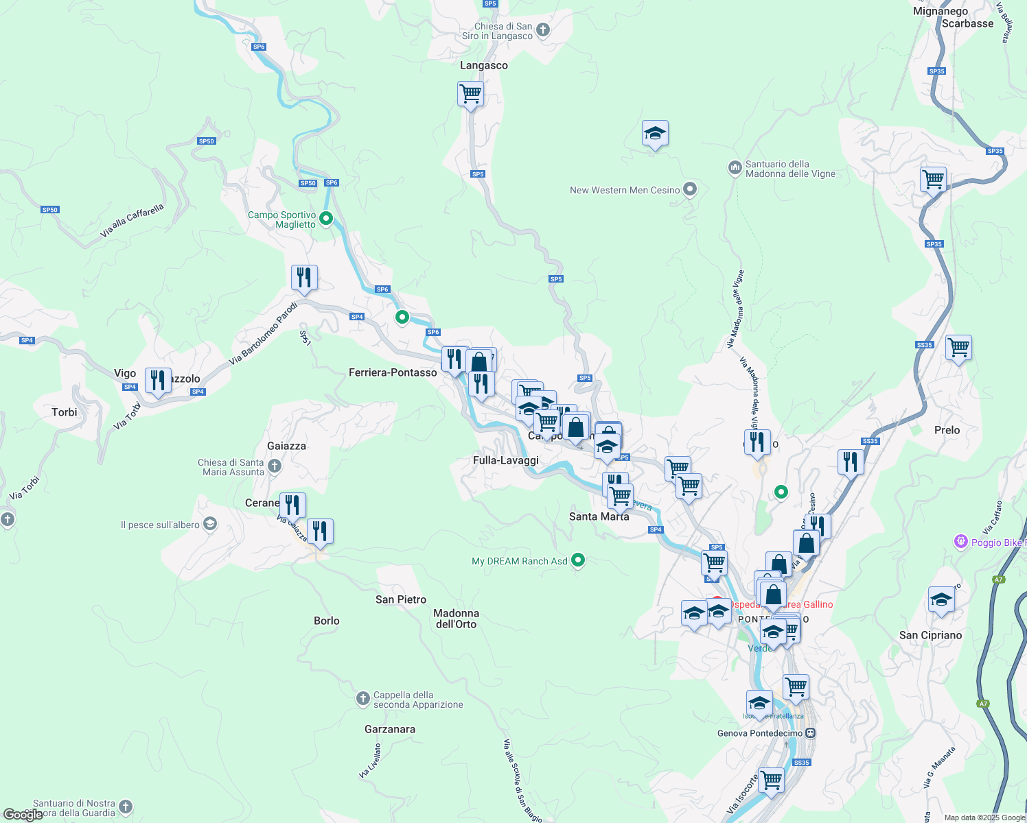 map of restaurants, bars, coffee shops, grocery stores, and more near 185 Via Martiri della Libertà in Campomorone