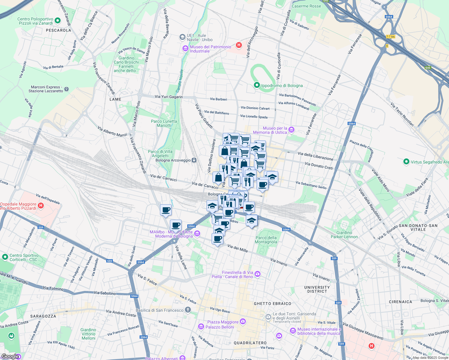 map of restaurants, bars, coffee shops, grocery stores, and more near 1 Via Aristotile Fioravanti in Bologna