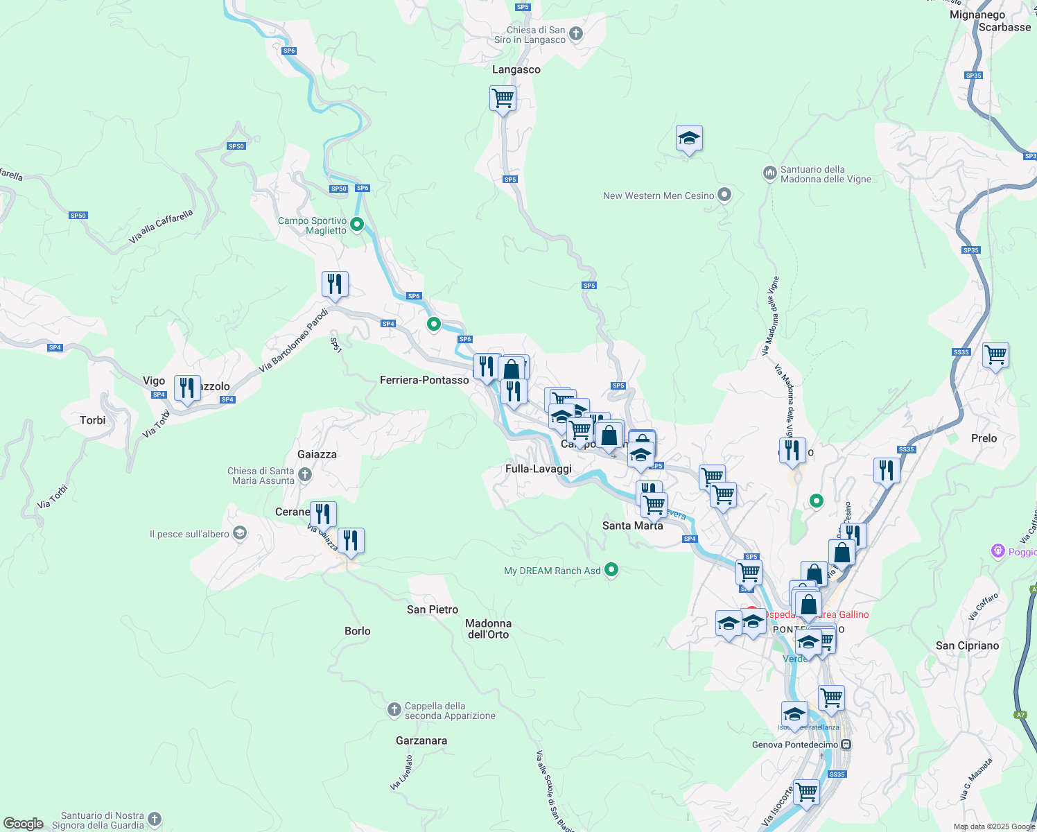 map of restaurants, bars, coffee shops, grocery stores, and more near Strada Provinciale 4 in Genoa