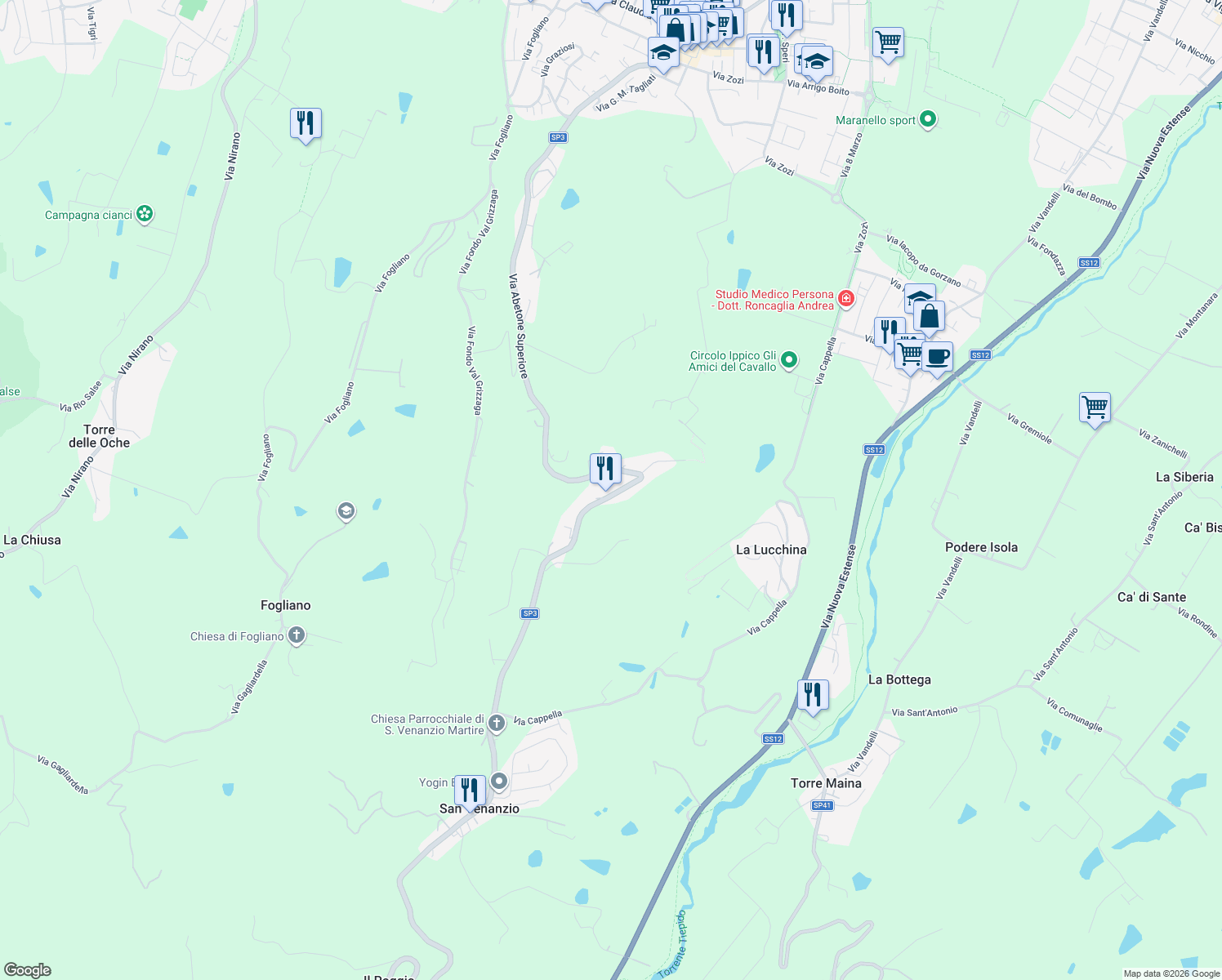 map of restaurants, bars, coffee shops, grocery stores, and more near 55 Via Abetone Superiore in San Venanzio