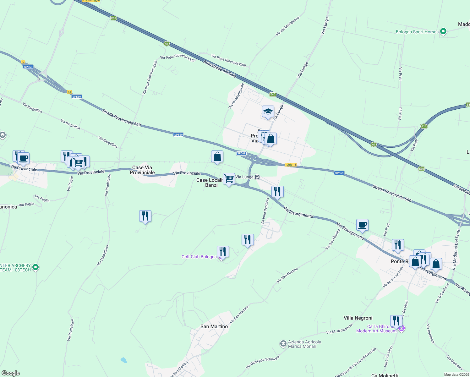 map of restaurants, bars, coffee shops, grocery stores, and more near 32 Via Provinciale in Case Località Banzi