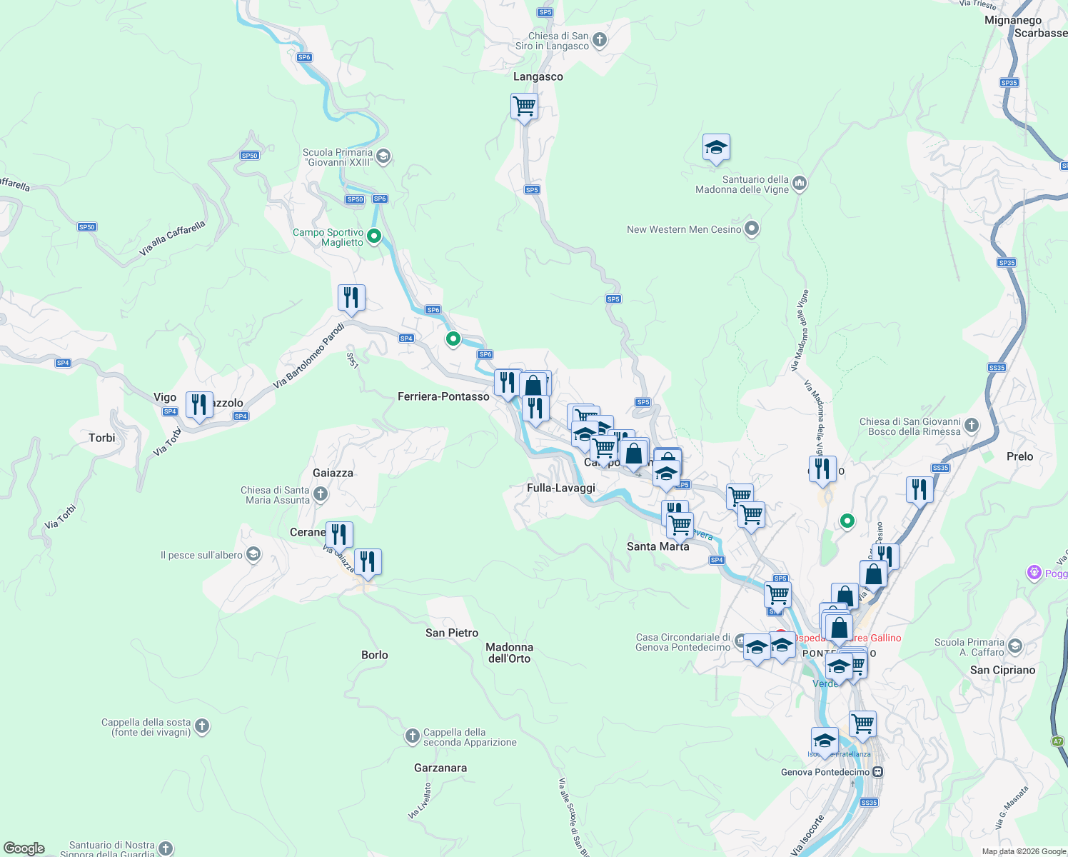 map of restaurants, bars, coffee shops, grocery stores, and more near 79 Via Martiri della Libertà in Campomorone