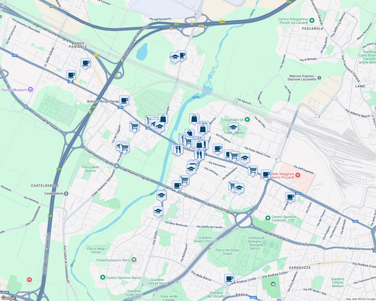 map of restaurants, bars, coffee shops, grocery stores, and more near 26 Via Emilia Ponente in Bologna