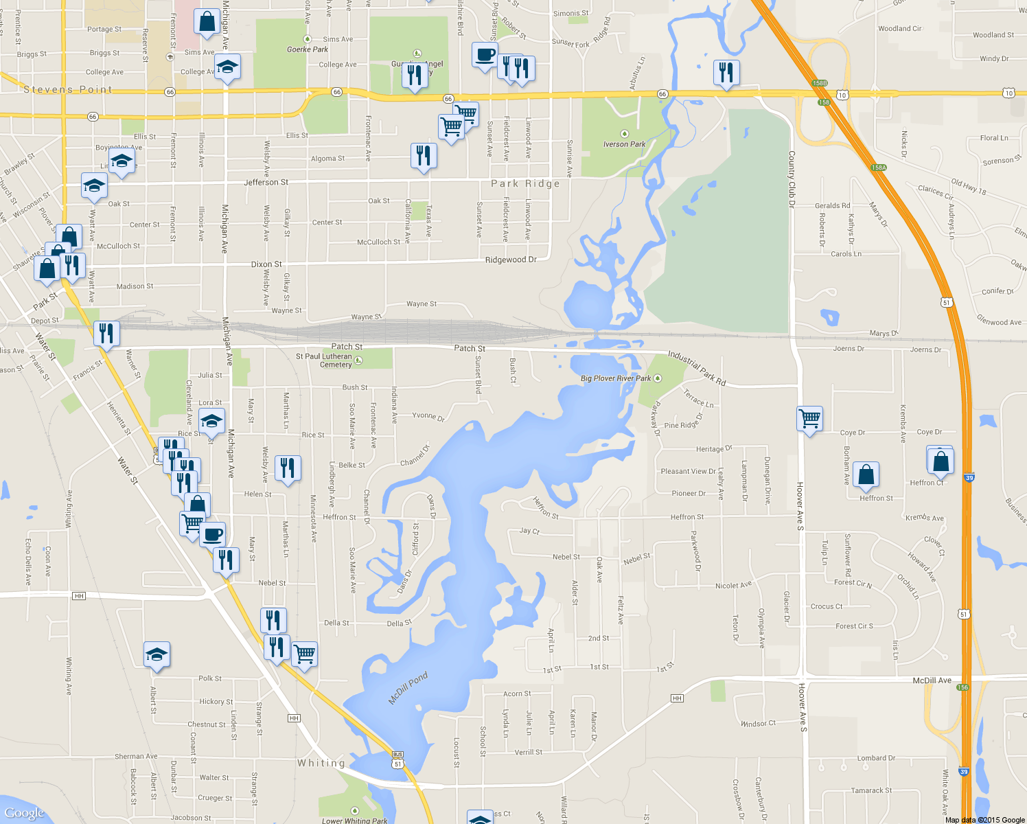 map of restaurants, bars, coffee shops, grocery stores, and more near 2641 Bush Street in Stevens Point