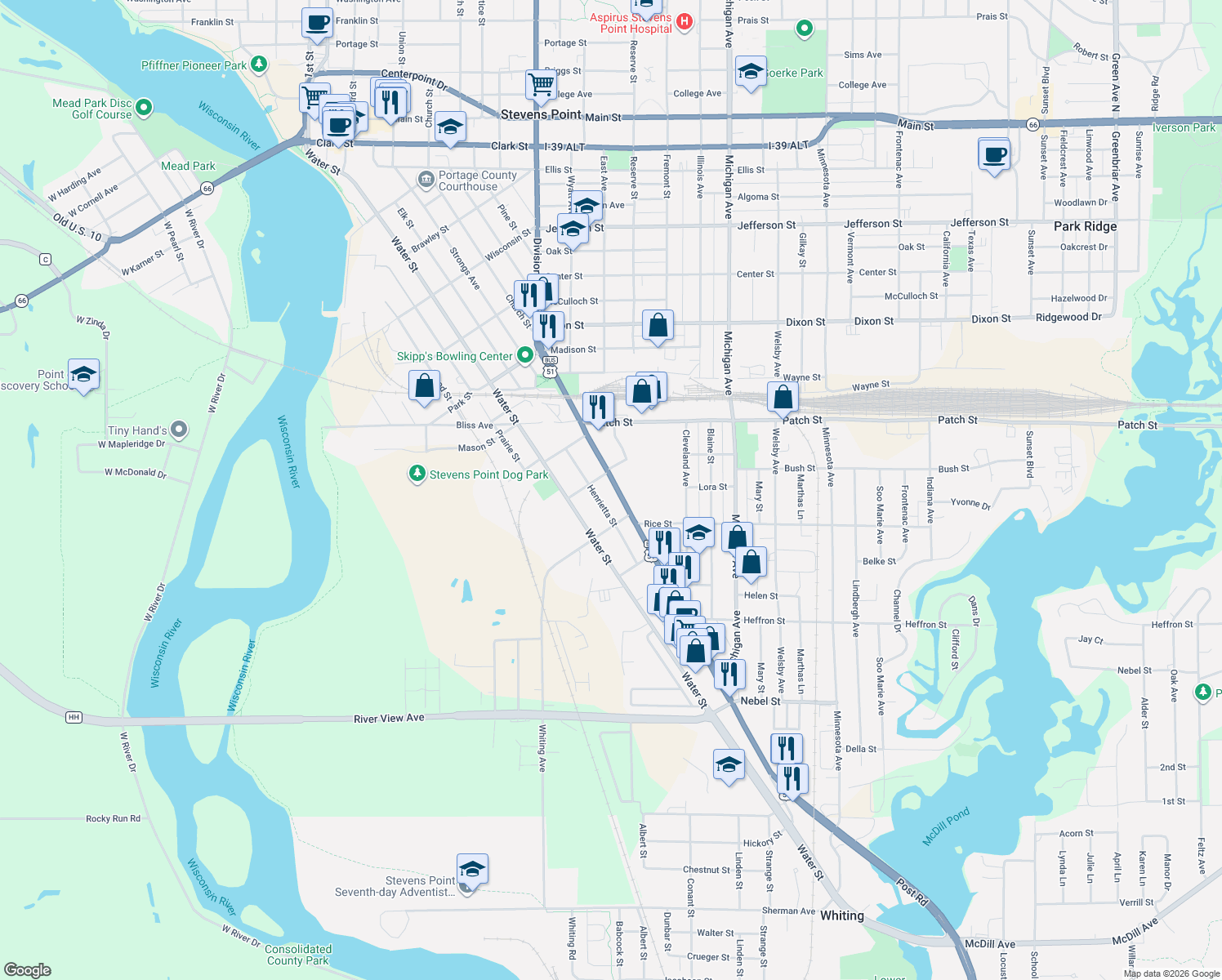 map of restaurants, bars, coffee shops, grocery stores, and more near 2830 Church Street in Stevens Point