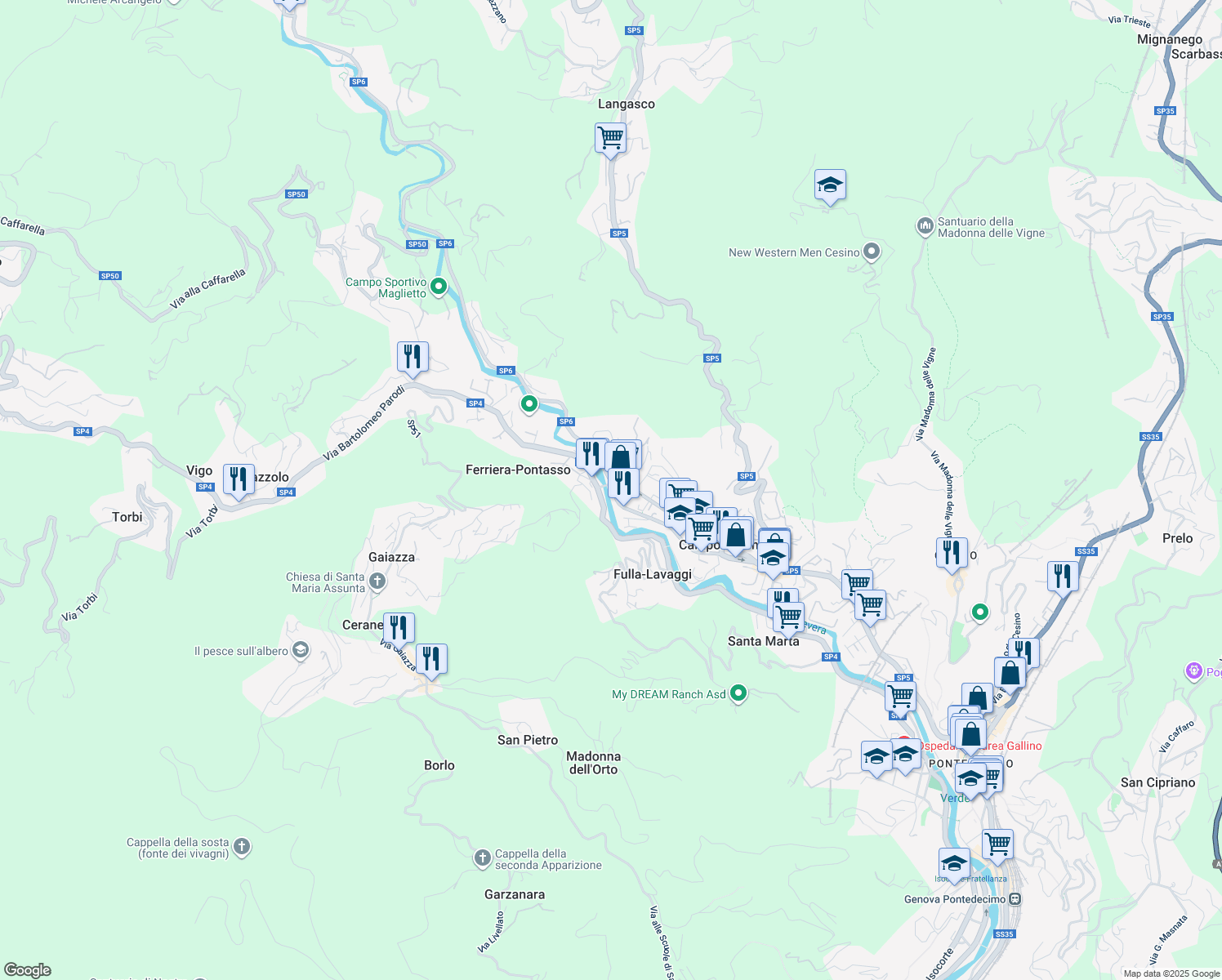 map of restaurants, bars, coffee shops, grocery stores, and more near 79 Via Martiri della Libertà in Campomorone