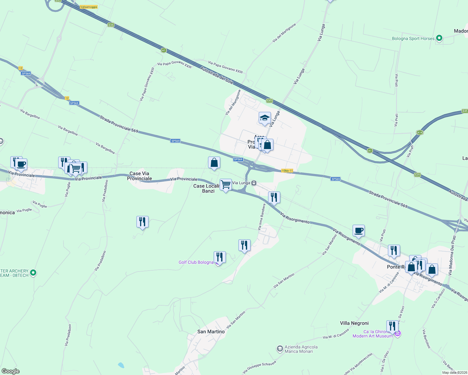map of restaurants, bars, coffee shops, grocery stores, and more near 32 Via Provinciale in Case Località Banzi