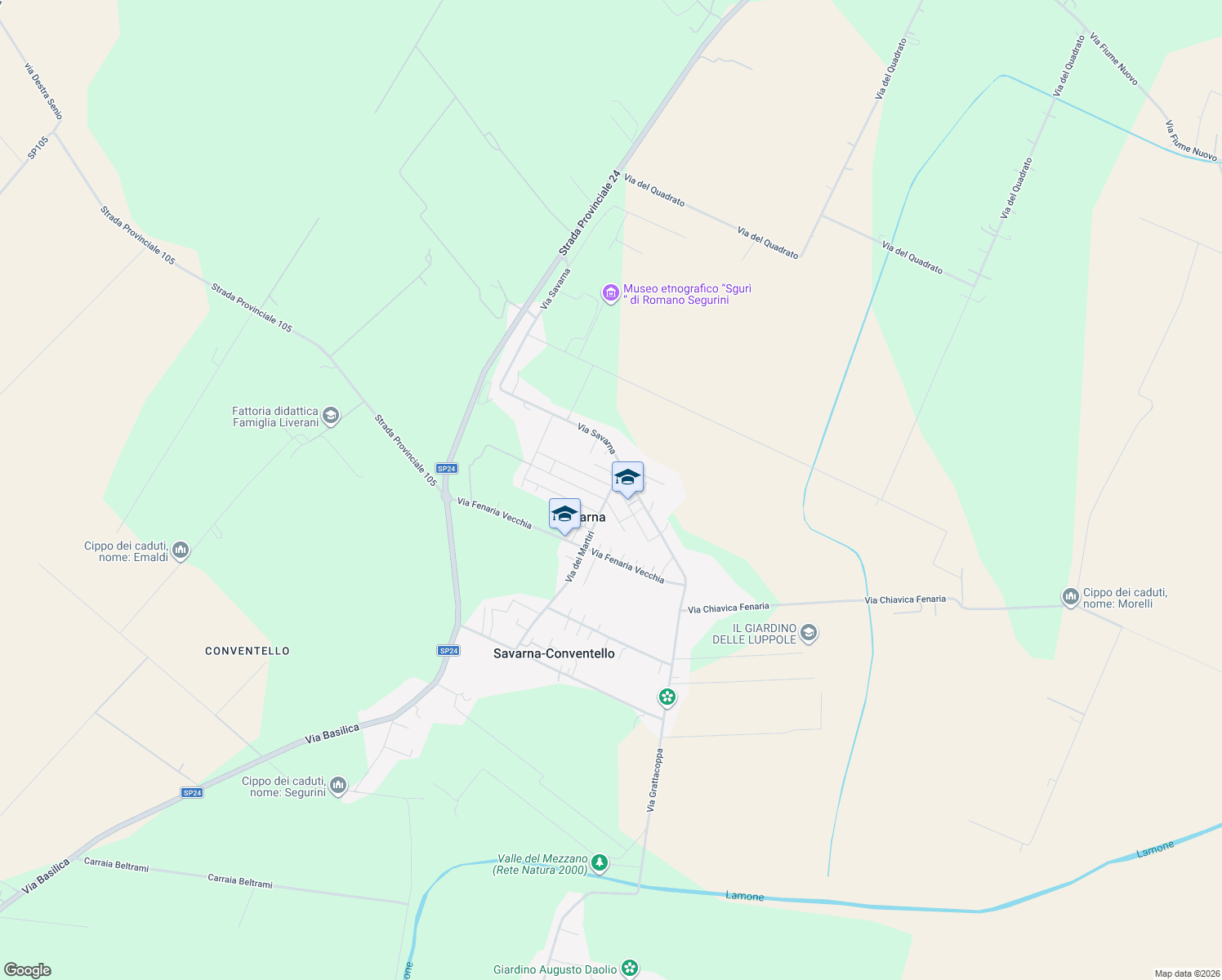 map of restaurants, bars, coffee shops, grocery stores, and more near 9 Via del Risorgimento in Savarna-Conventello