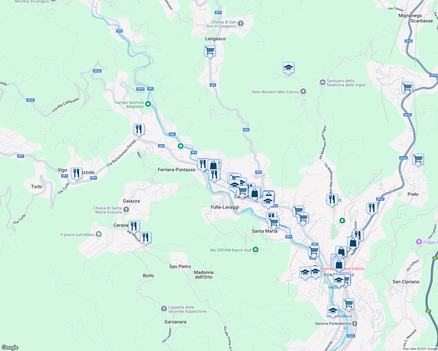 map of restaurants, bars, coffee shops, grocery stores, and more near 40 Via Alcide De Gasperi in Campomorone