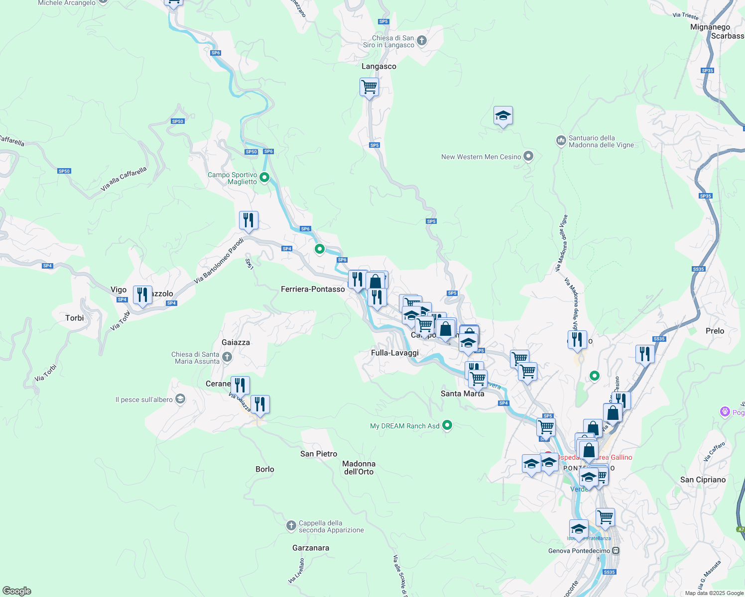 map of restaurants, bars, coffee shops, grocery stores, and more near 79 Via Martiri della Libertà in Campomorone