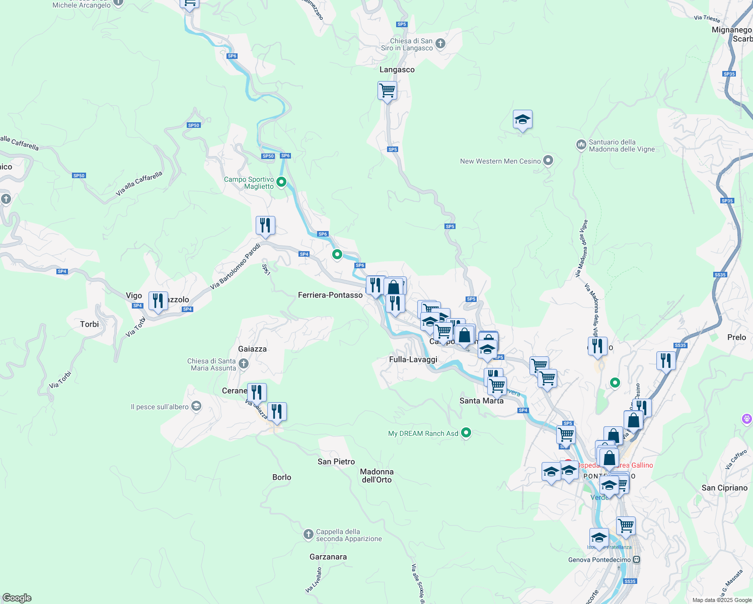 map of restaurants, bars, coffee shops, grocery stores, and more near 82 Via Bartolomeo Parodi in Ferriera-pontasso