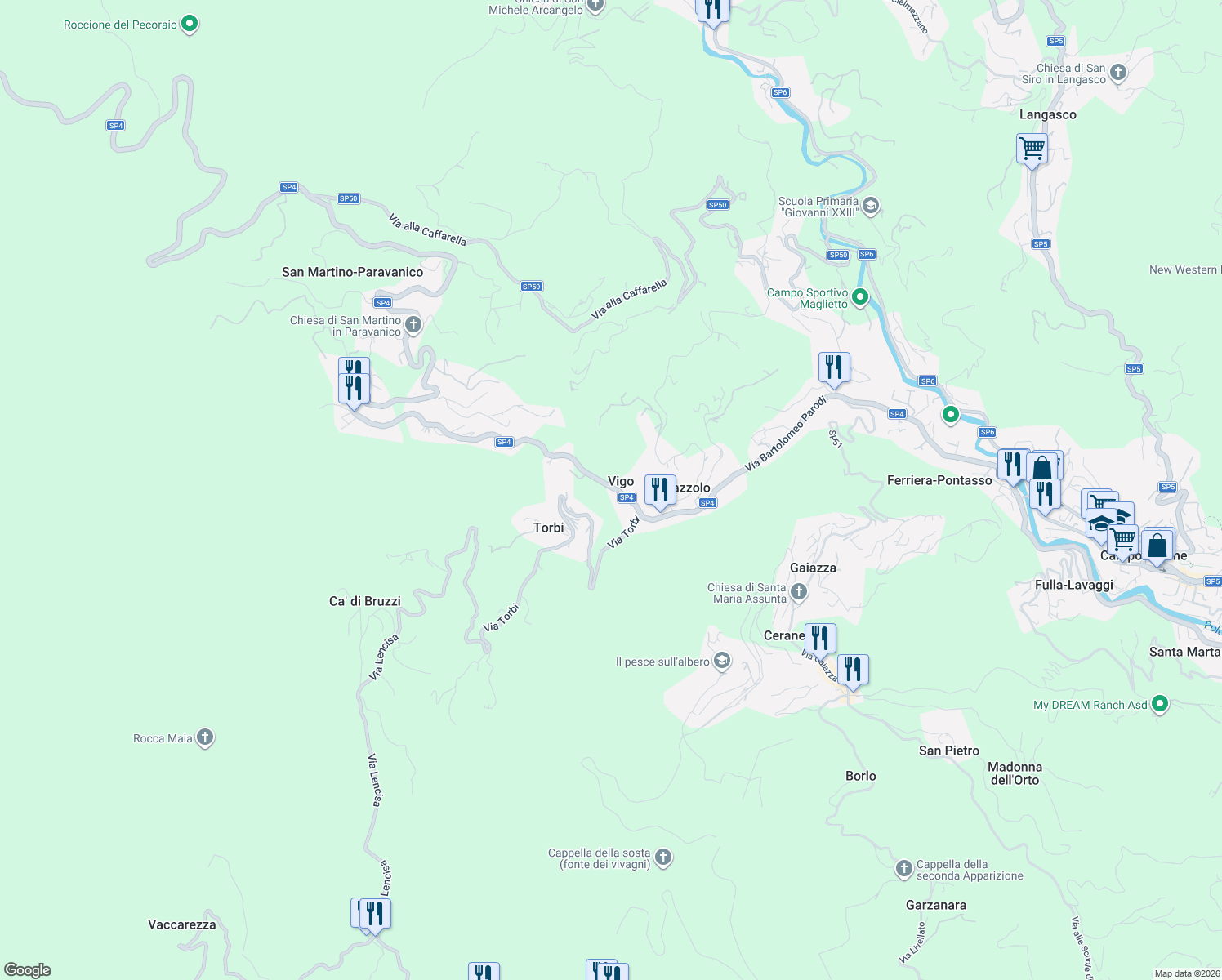 map of restaurants, bars, coffee shops, grocery stores, and more near 59A Via San Martino in Vigo
