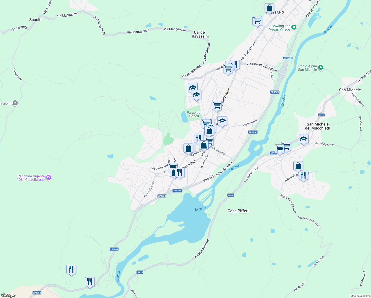map of restaurants, bars, coffee shops, grocery stores, and more near 16 Via del Taglio in Castellarano