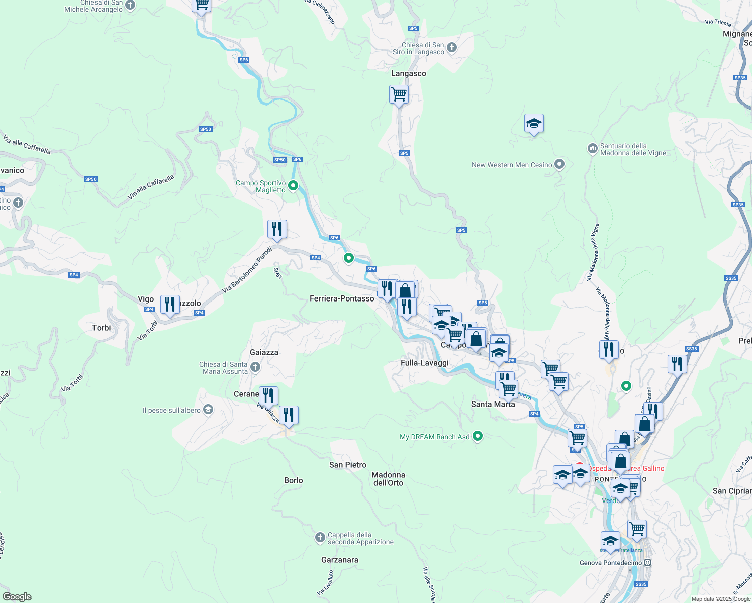 map of restaurants, bars, coffee shops, grocery stores, and more near 82 Via Bartolomeo Parodi in Ferriera-pontasso