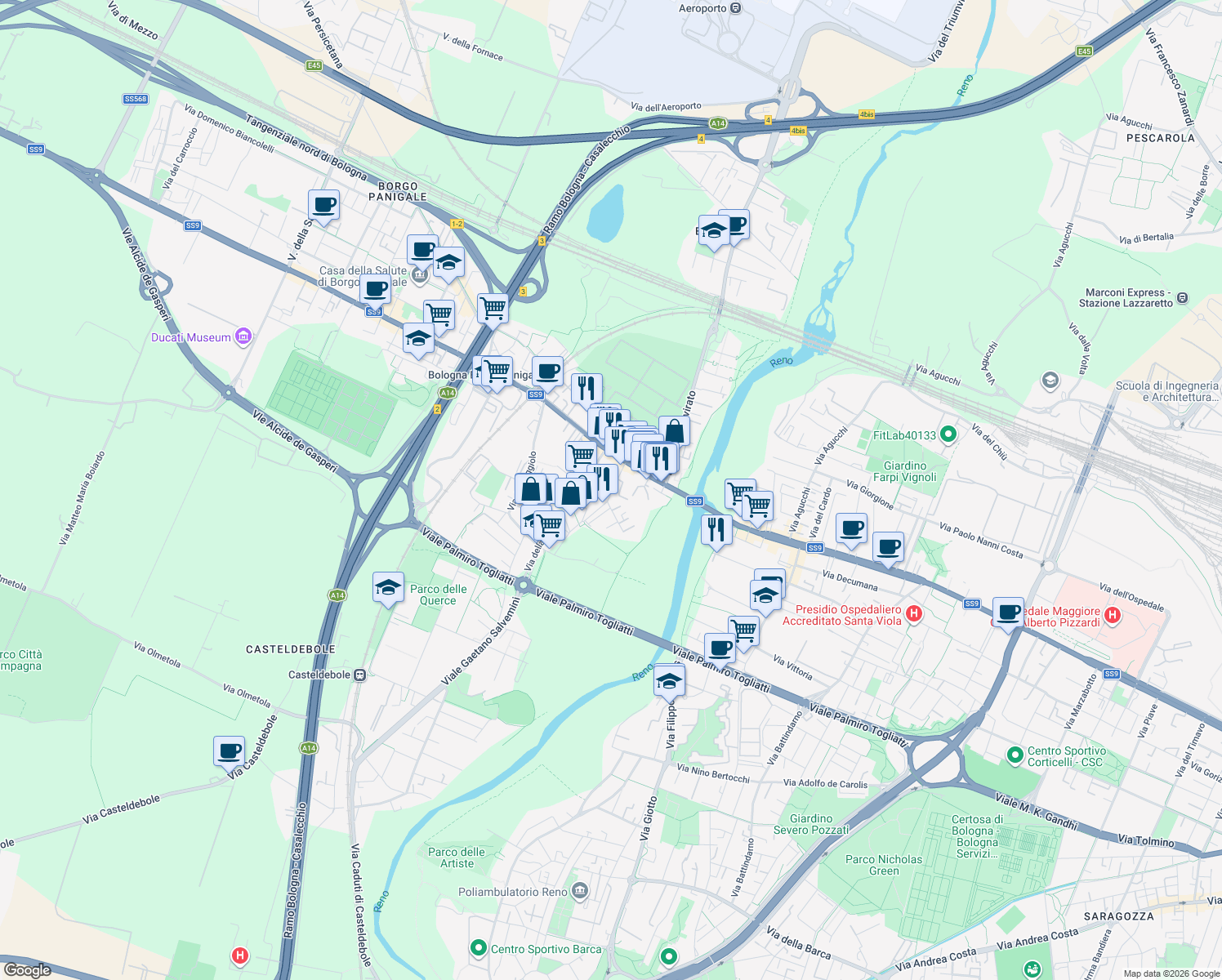 map of restaurants, bars, coffee shops, grocery stores, and more near 9 Via del Greto in Bologna