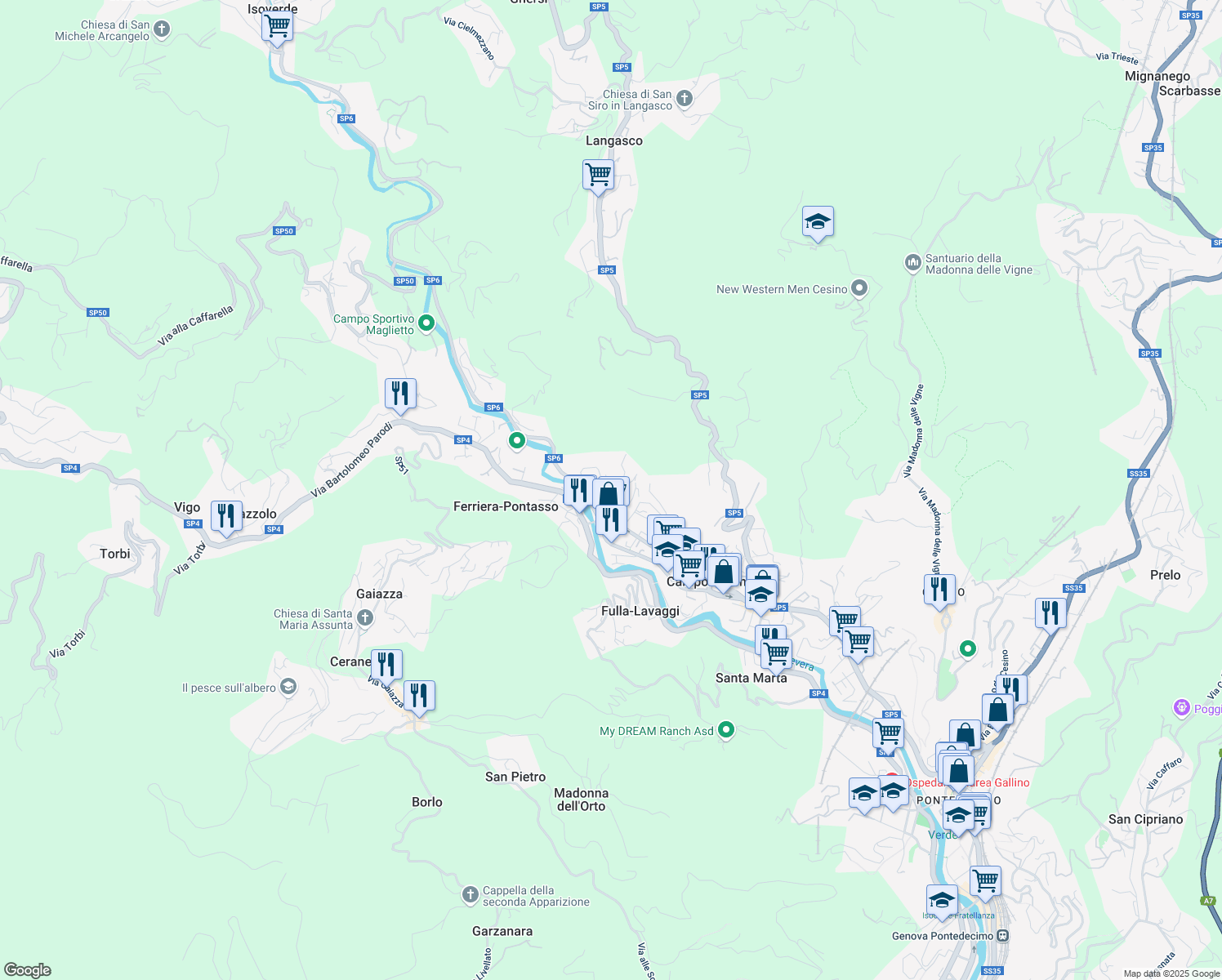 map of restaurants, bars, coffee shops, grocery stores, and more near 115 R Via Villa Berrone in Campomorone