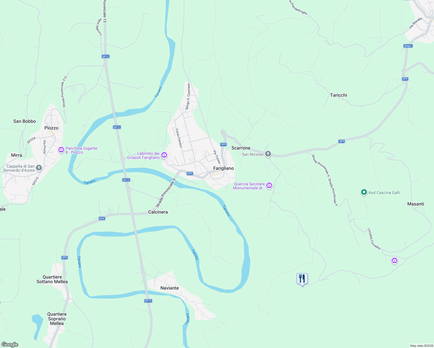 map of restaurants, bars, coffee shops, grocery stores, and more near in Farigliano