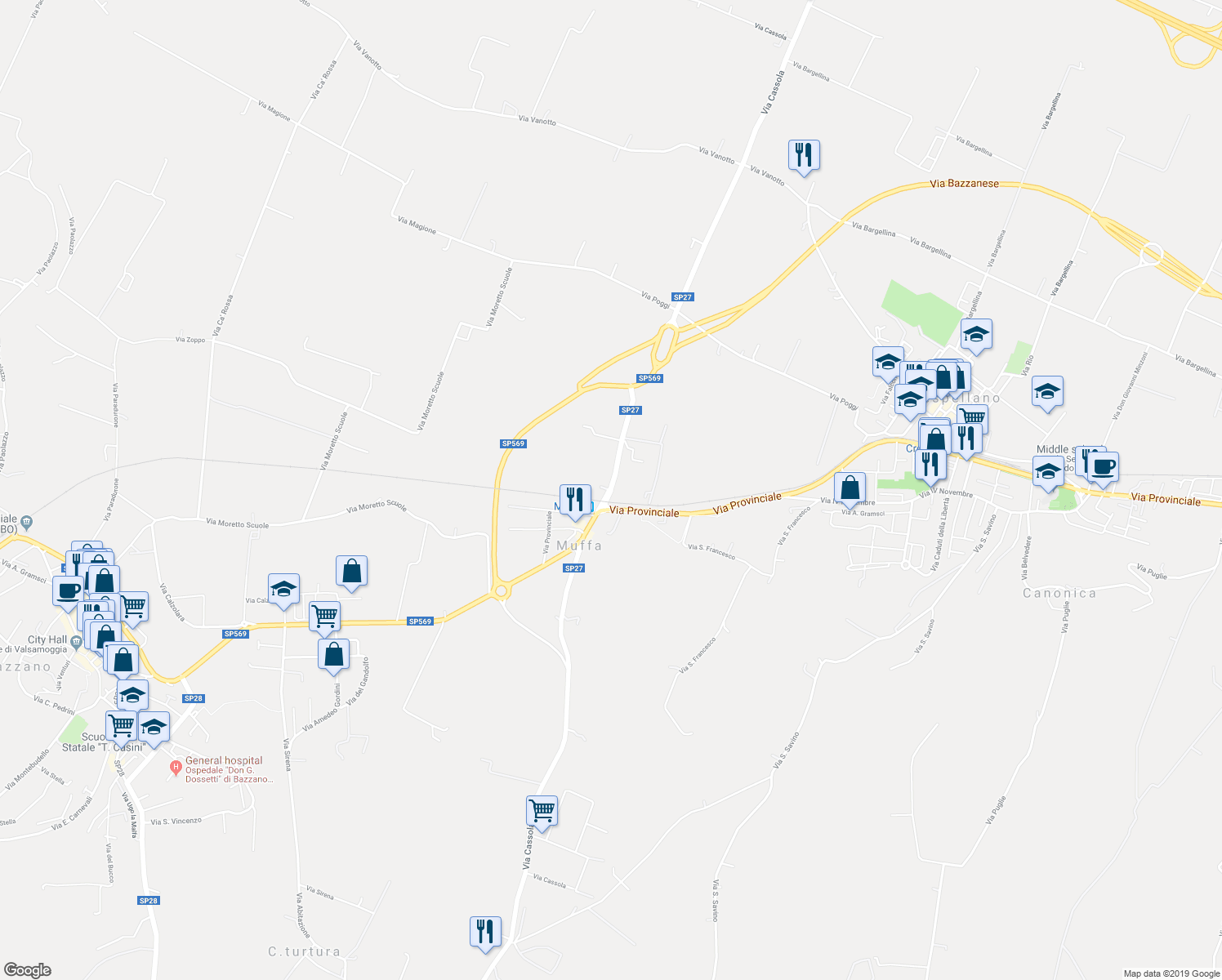 map of restaurants, bars, coffee shops, grocery stores, and more near Strada Provinciale 27 in Crespellano