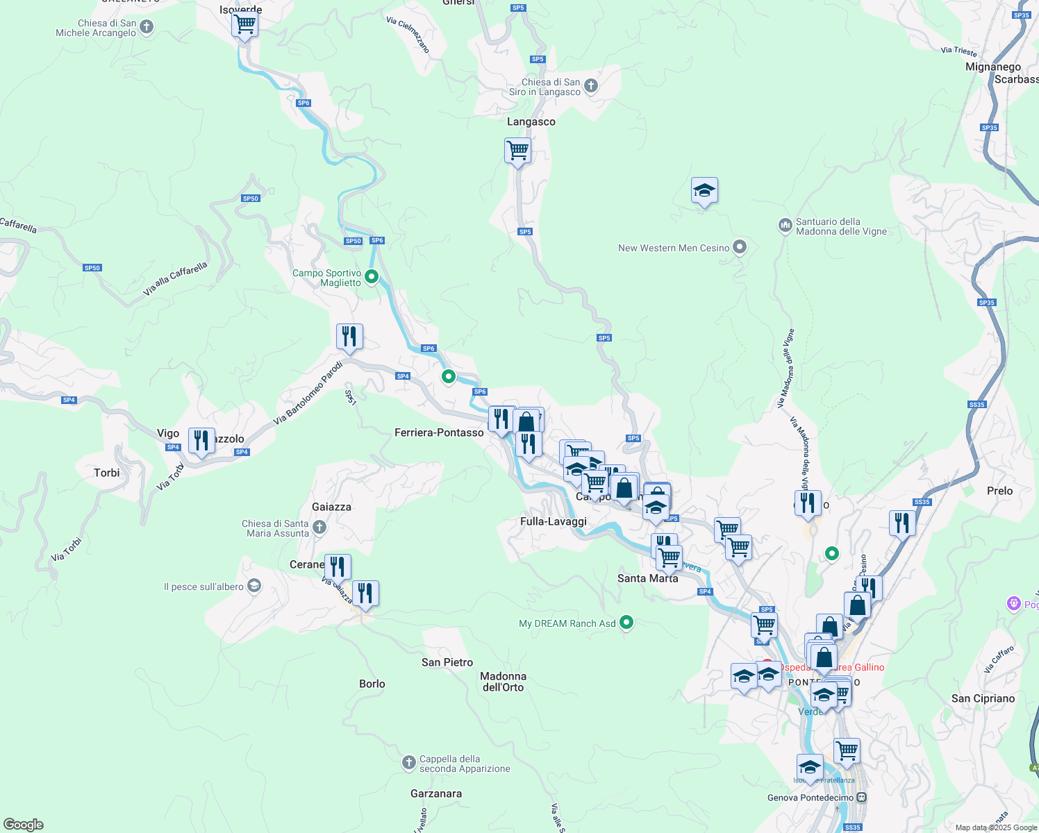 map of restaurants, bars, coffee shops, grocery stores, and more near 115 R Via Villa Berrone in Campomorone