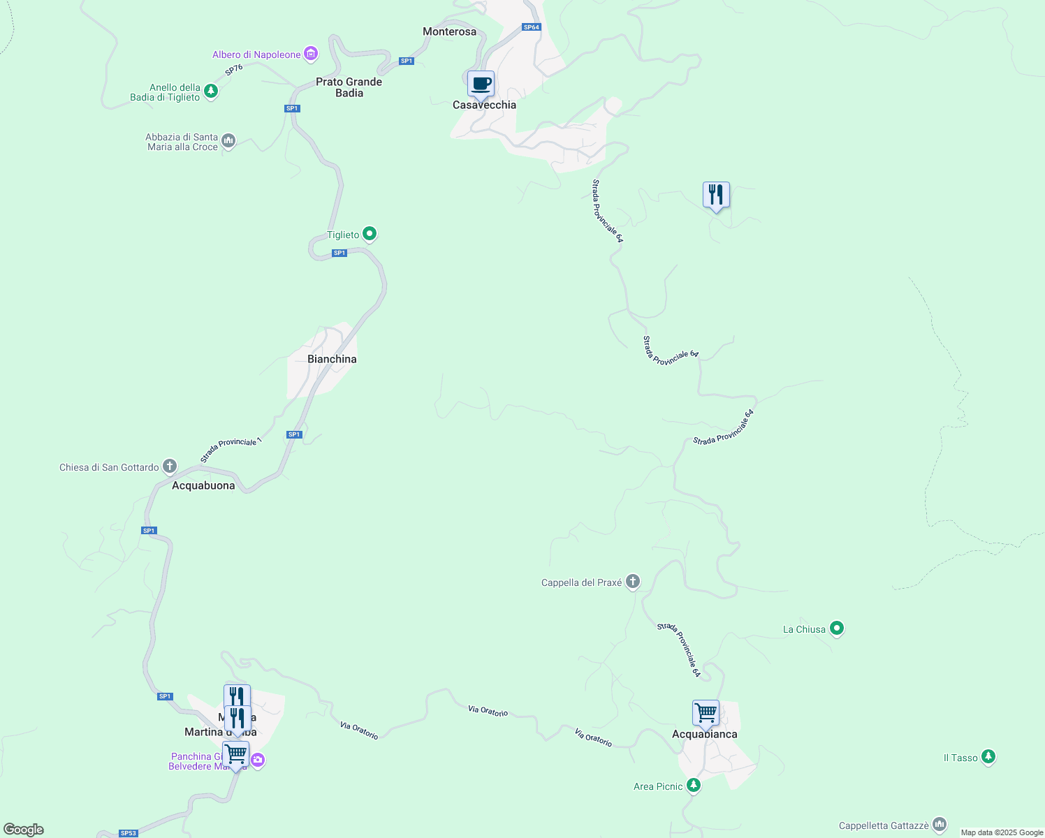 map of restaurants, bars, coffee shops, grocery stores, and more near in Metropolitan City of Genoa