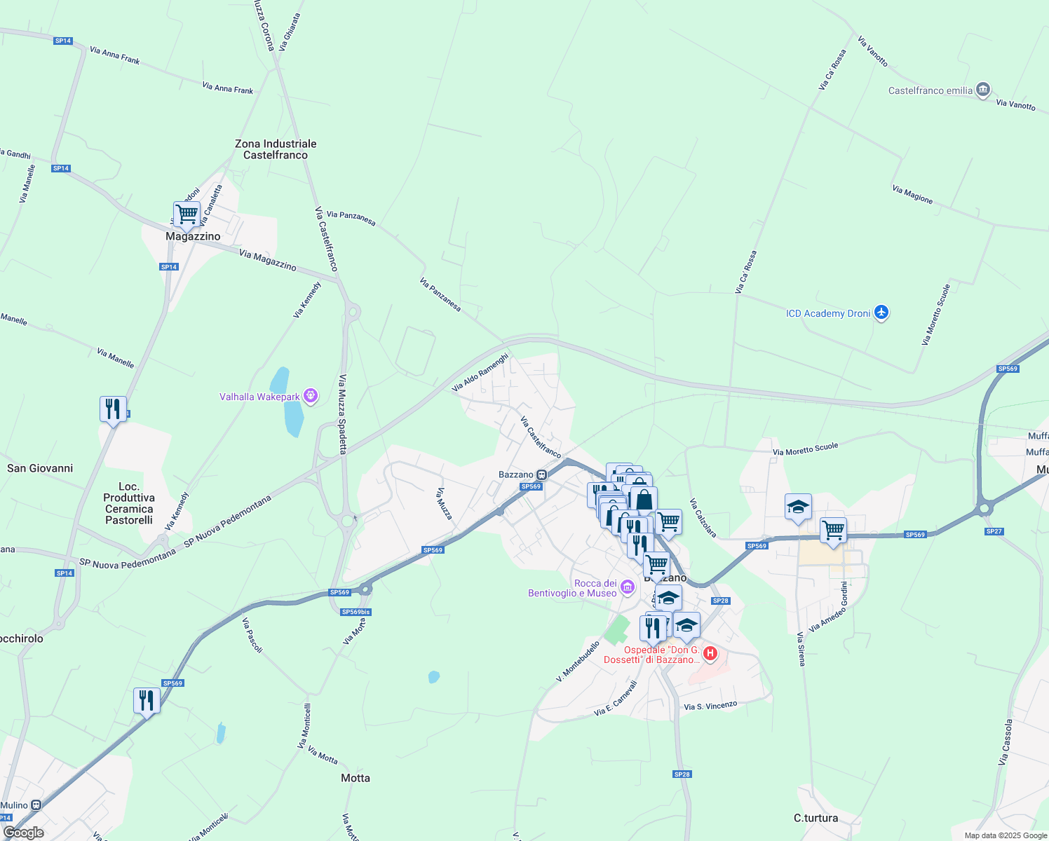 map of restaurants, bars, coffee shops, grocery stores, and more near 15 A Via Castelfranco in Bazzano