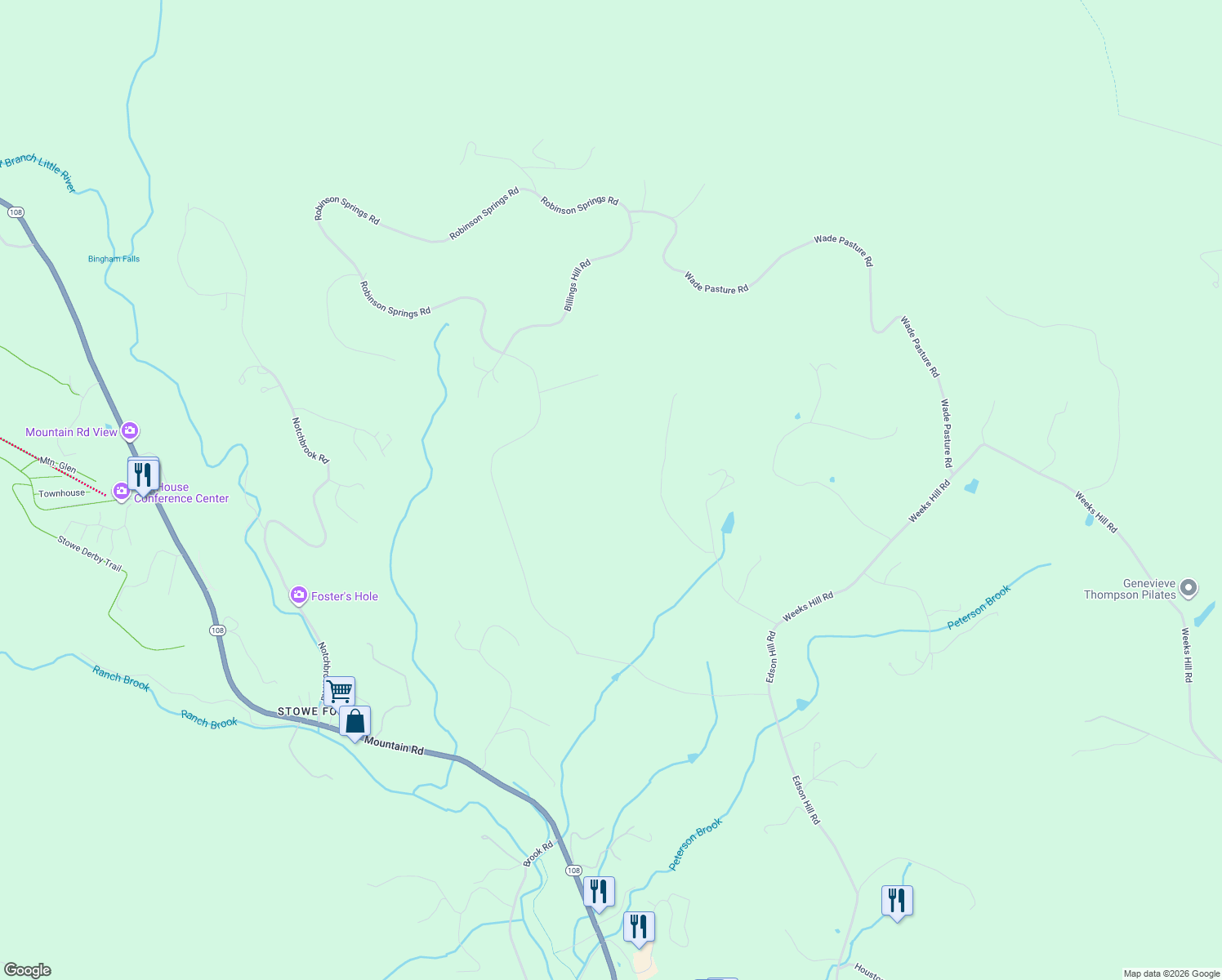 map of restaurants, bars, coffee shops, grocery stores, and more near 119 Spring Trail Road in Stowe