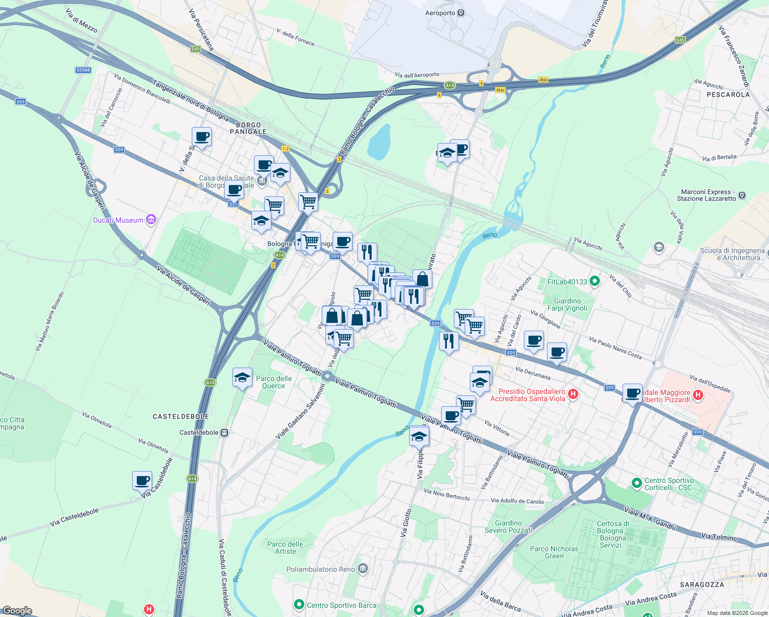 map of restaurants, bars, coffee shops, grocery stores, and more near 9 Via del Greto in Bologna