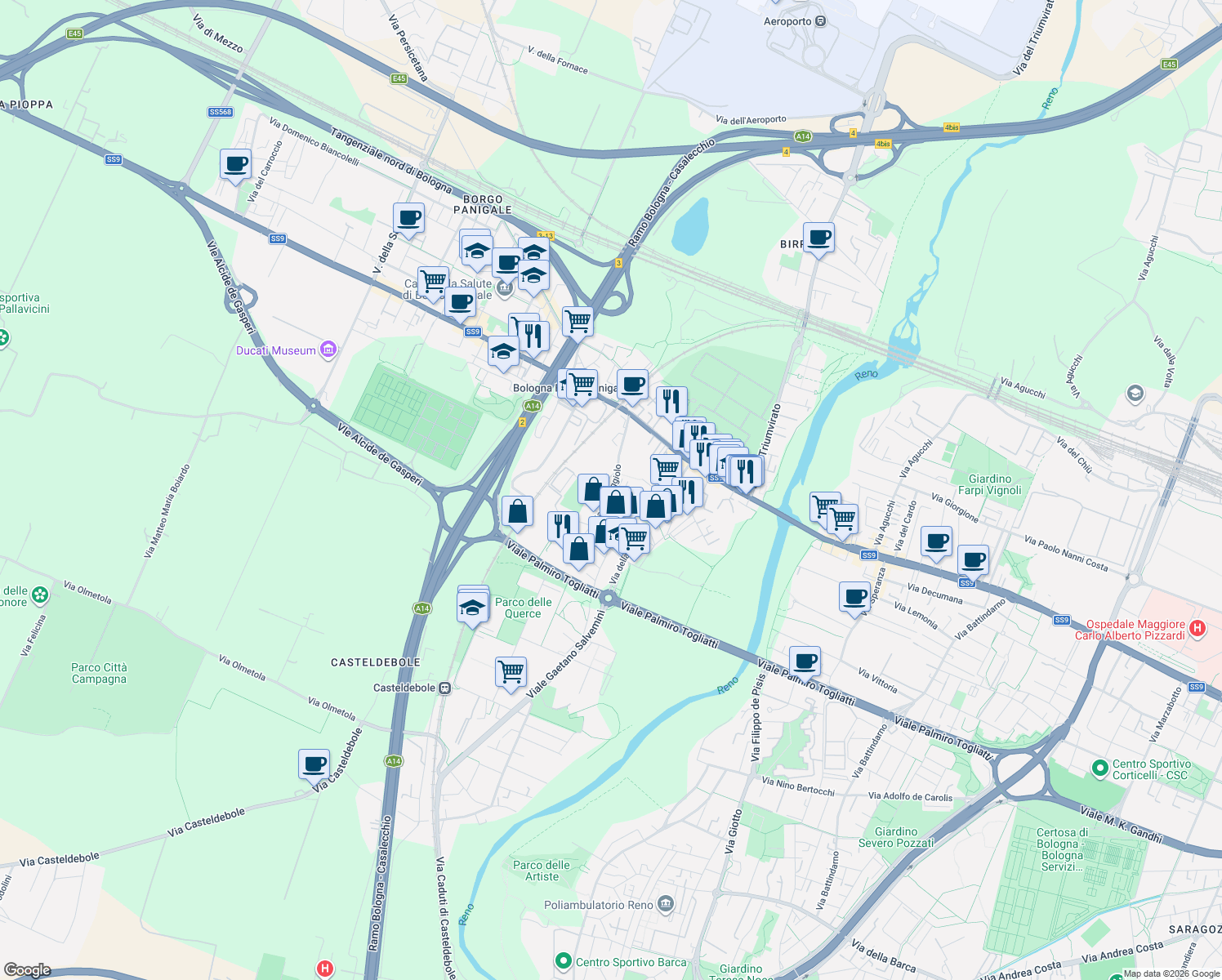 map of restaurants, bars, coffee shops, grocery stores, and more near 1 Via Francesco de Sanctis in Bologna