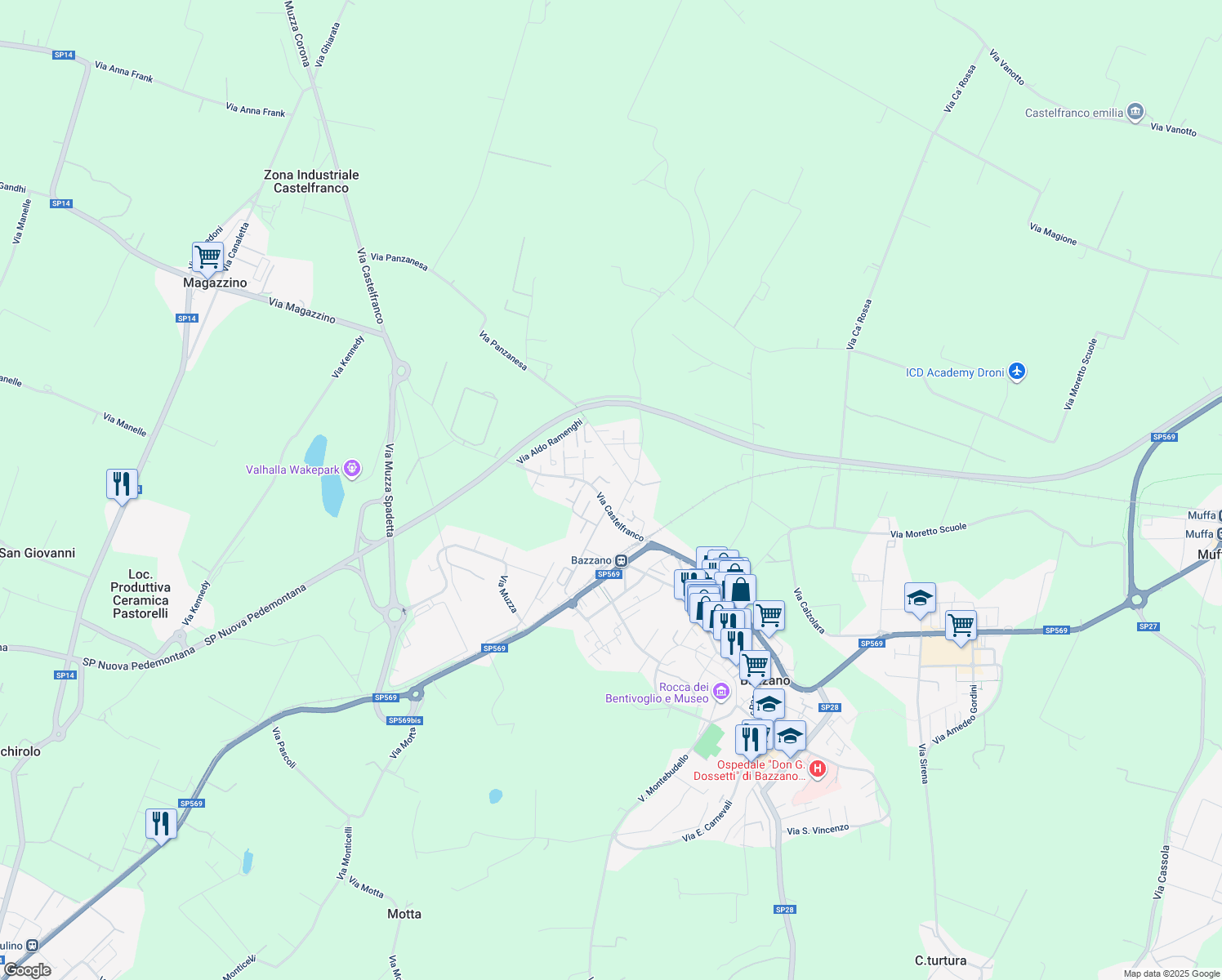 map of restaurants, bars, coffee shops, grocery stores, and more near 15 Via Castelfranco in Bazzano