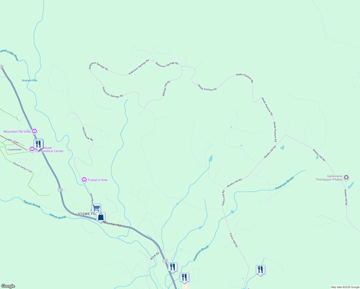 map of restaurants, bars, coffee shops, grocery stores, and more near 119 Spring Trail Road in Stowe