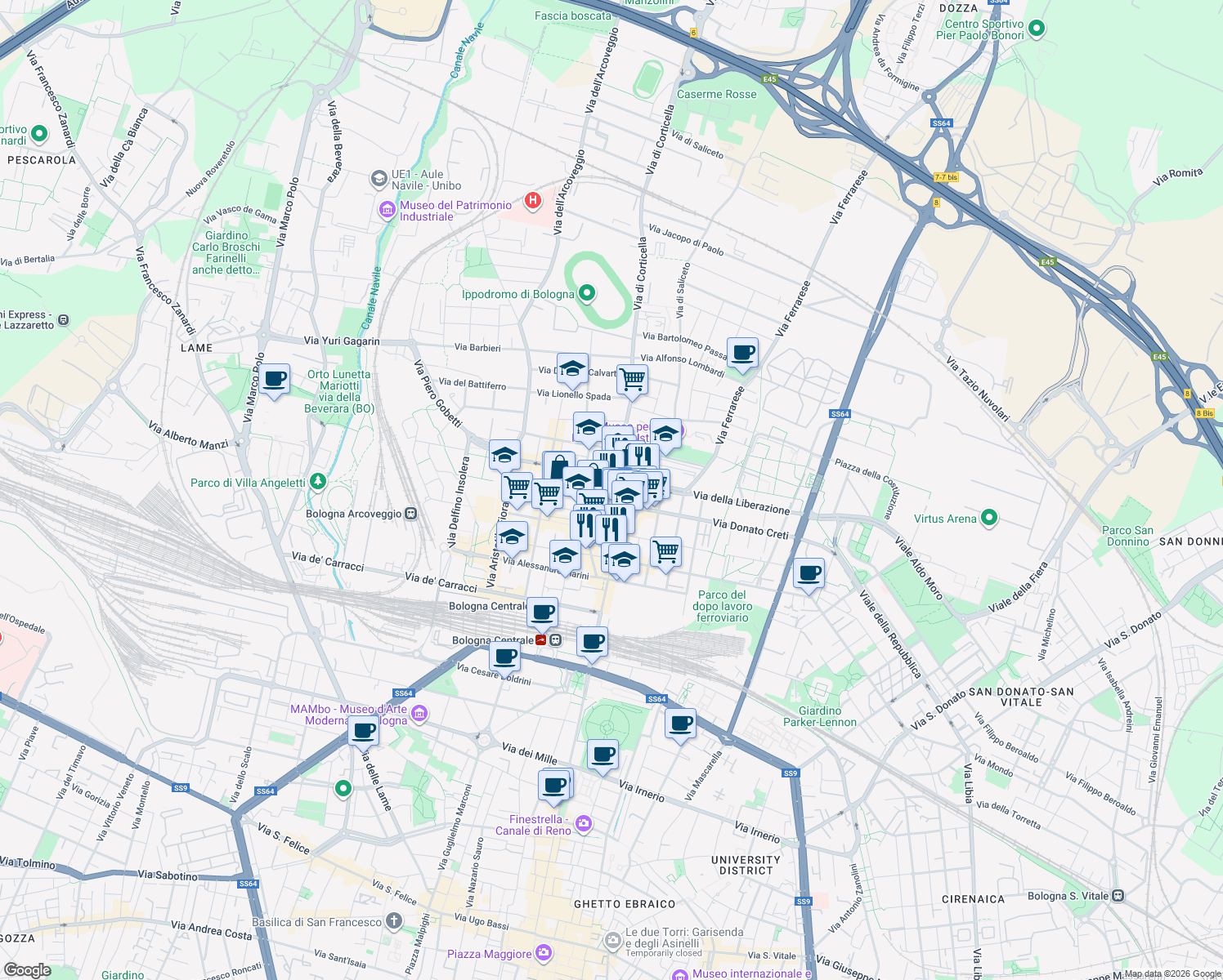 map of restaurants, bars, coffee shops, grocery stores, and more near 1 Via Pellegrino Tibaldi in Bologna