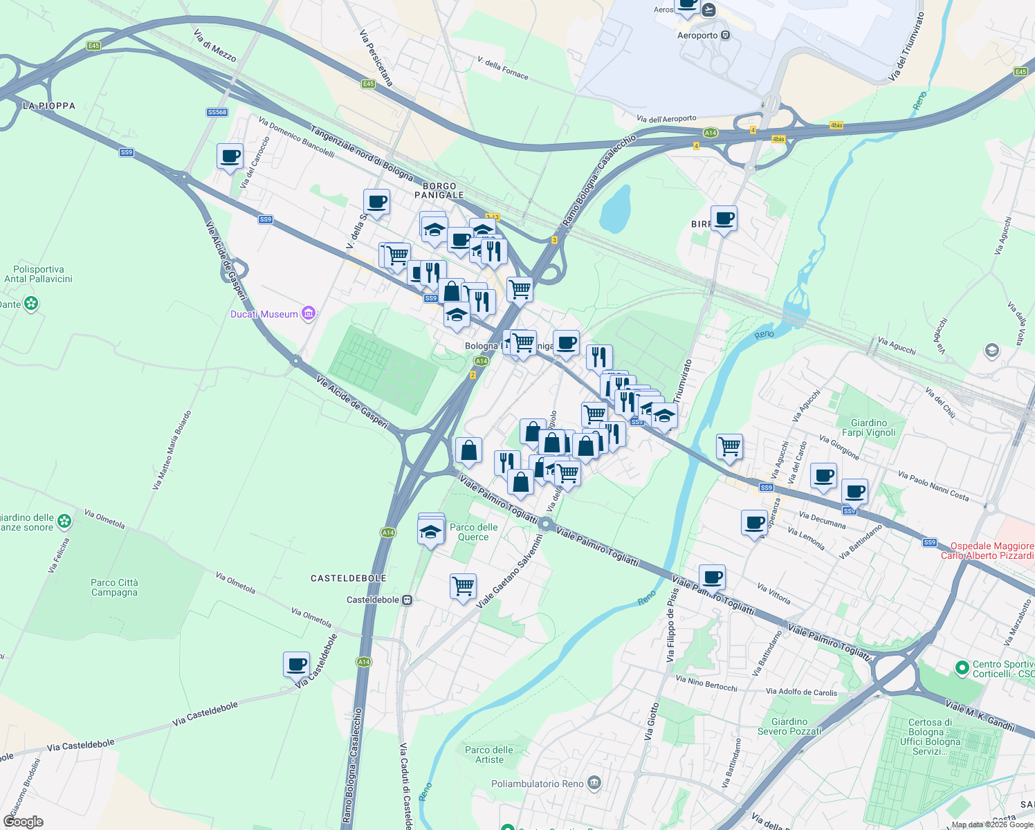 map of restaurants, bars, coffee shops, grocery stores, and more near 1 Via Francesco de Sanctis in Bologna