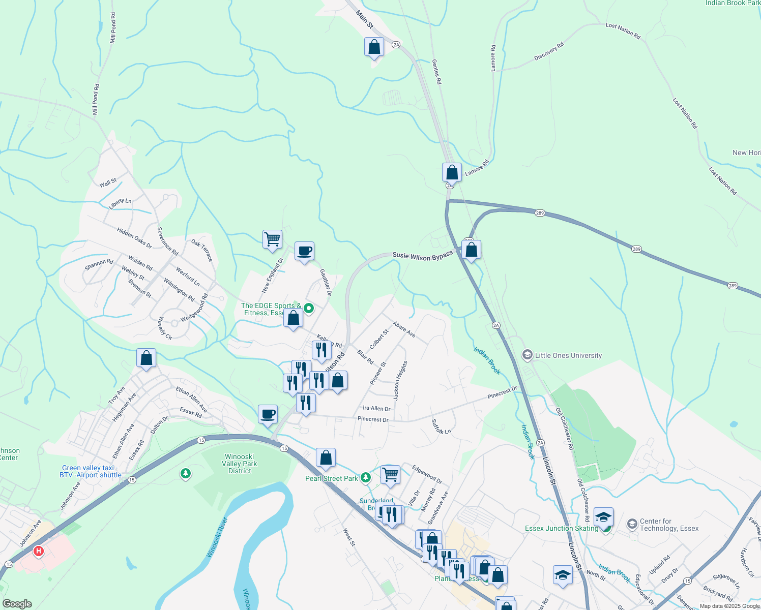 map of restaurants, bars, coffee shops, grocery stores, and more near 78 Susie Wilson Road in Essex