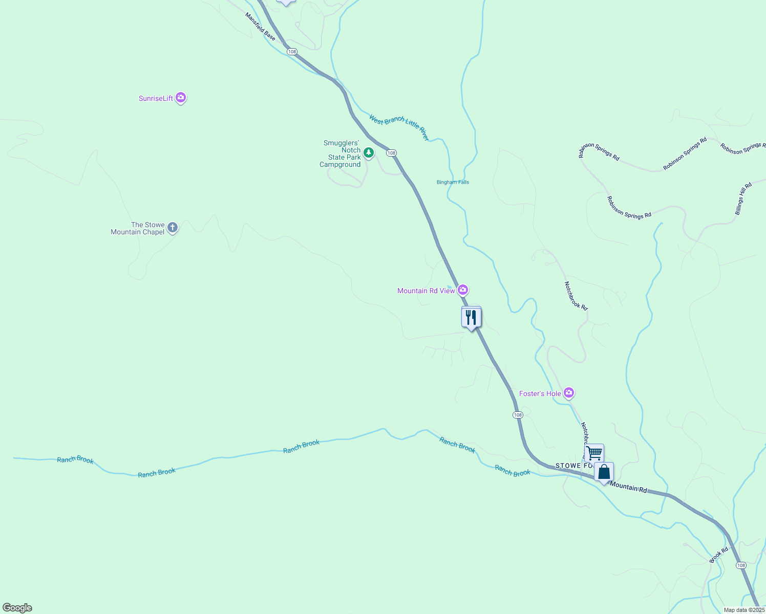 map of restaurants, bars, coffee shops, grocery stores, and more near 478 Toll Road in Stowe