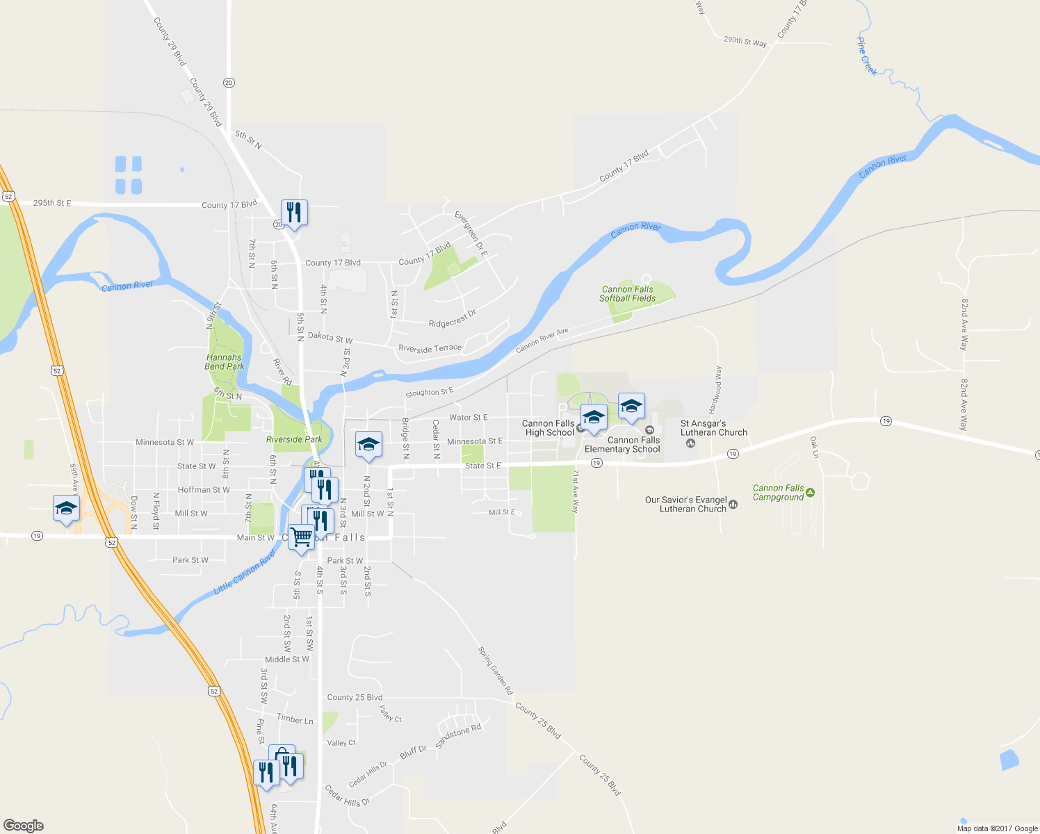 map of restaurants, bars, coffee shops, grocery stores, and more near 600 Water Street East in Cannon Falls