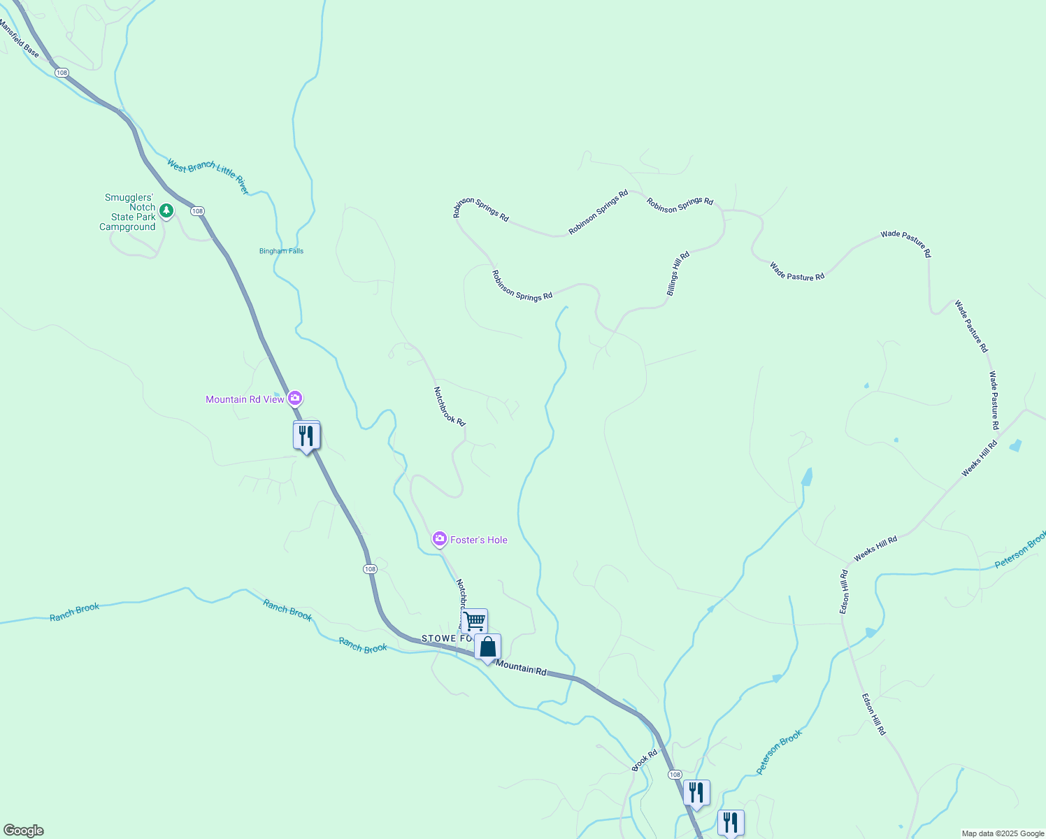map of restaurants, bars, coffee shops, grocery stores, and more near 291 Maple Road in Stowe