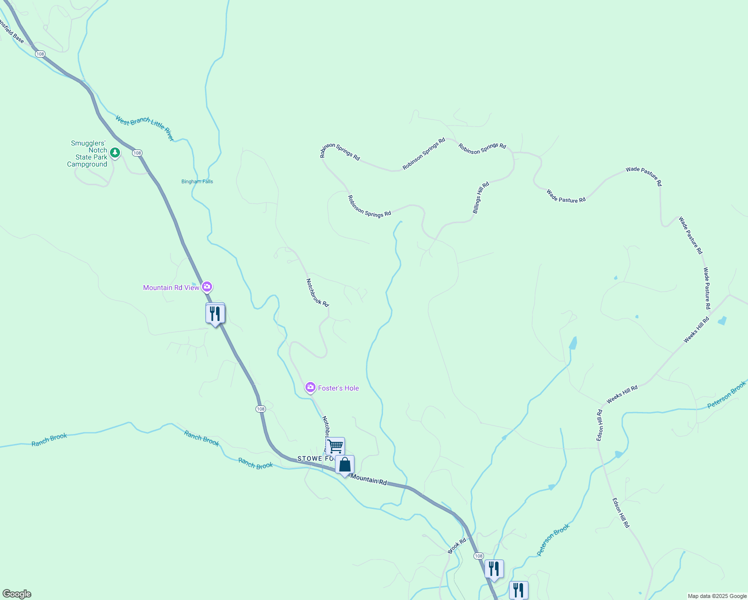 map of restaurants, bars, coffee shops, grocery stores, and more near 291 Maple Road in Stowe