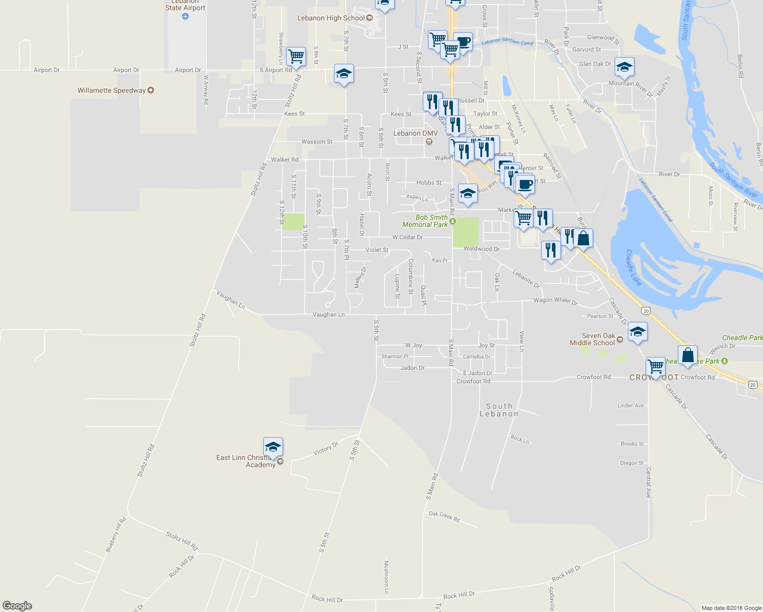 map of restaurants, bars, coffee shops, grocery stores, and more near 3347 Foxglove Street in Lebanon