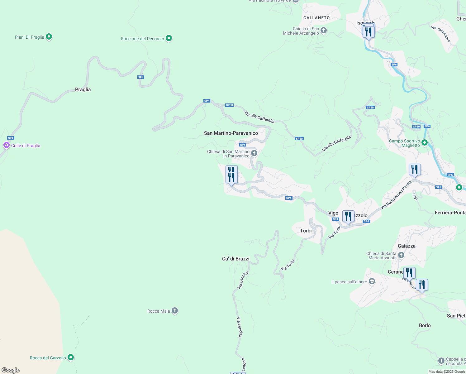 map of restaurants, bars, coffee shops, grocery stores, and more near 136A Via San Martino in San Martino di Paravanico