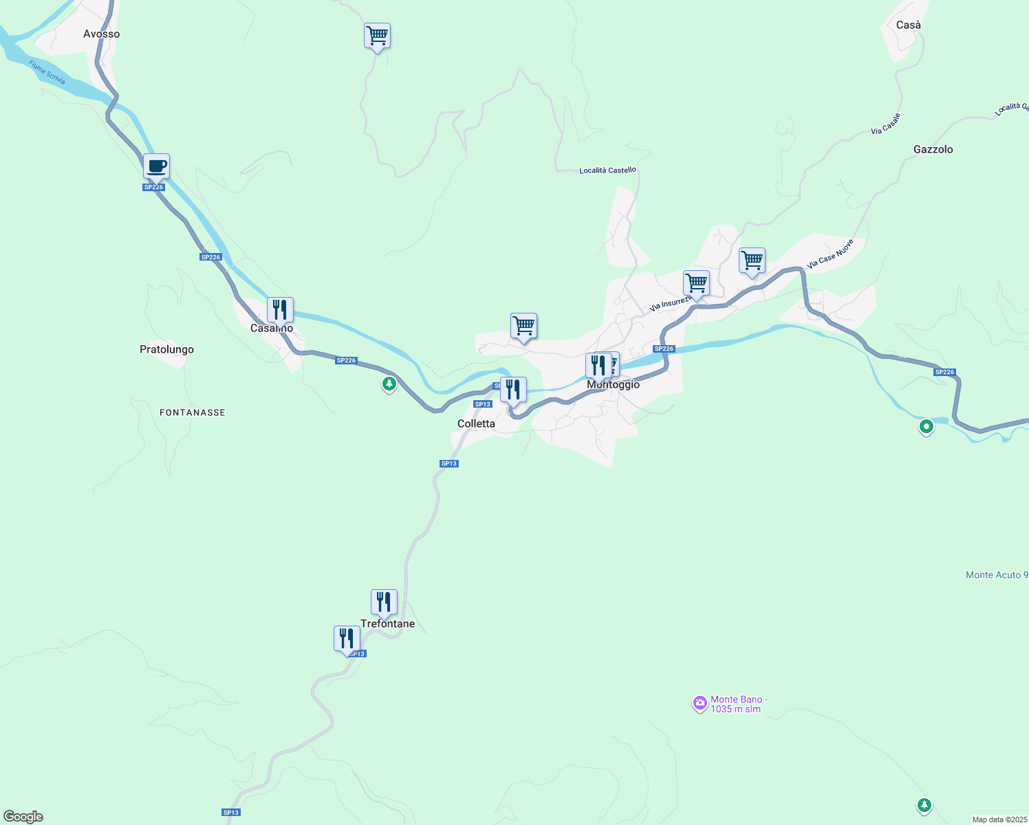 map of restaurants, bars, coffee shops, grocery stores, and more near Strada Provinciale 226 in Città Metropolitana di Genova