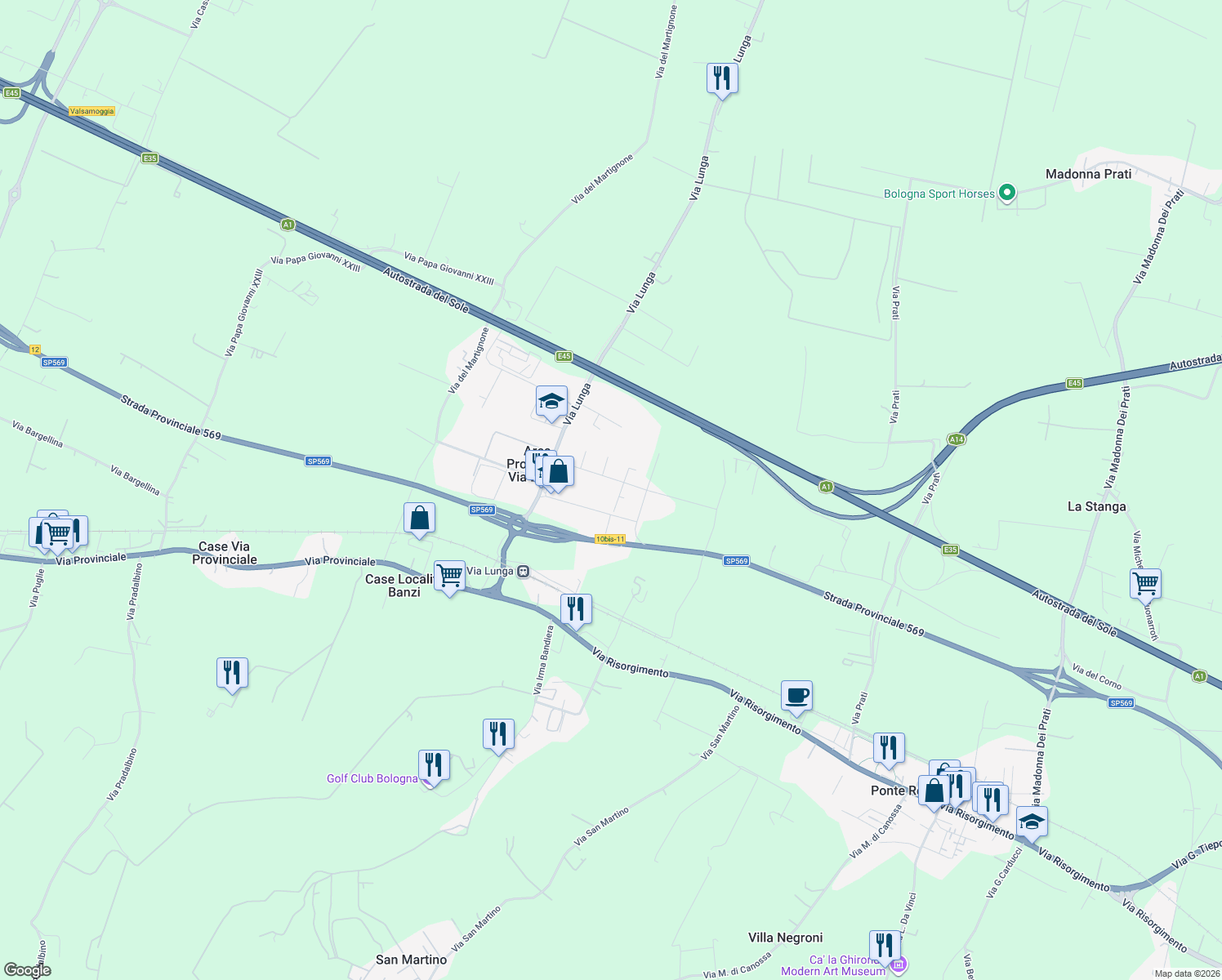 map of restaurants, bars, coffee shops, grocery stores, and more near 31 Via Giuseppe di Vittorio in Crespellano