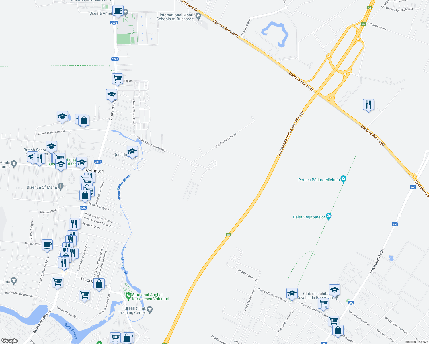 map of restaurants, bars, coffee shops, grocery stores, and more near in Voluntari