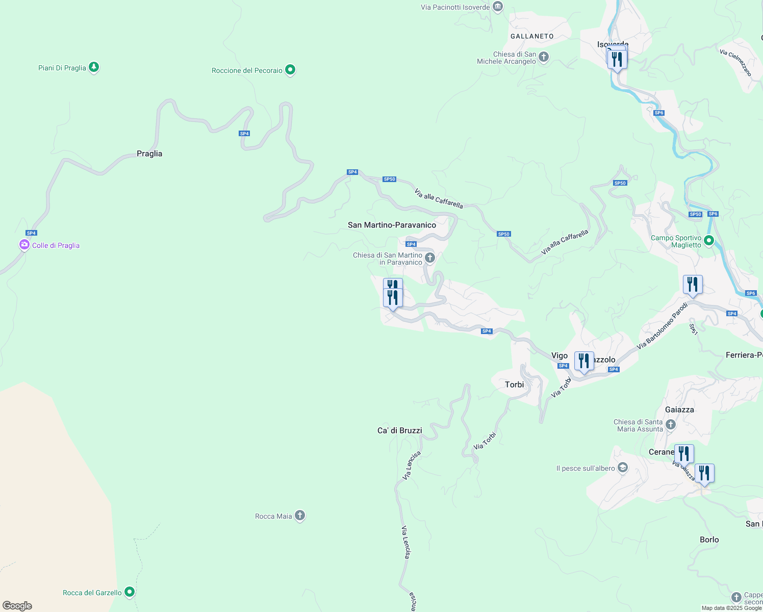 map of restaurants, bars, coffee shops, grocery stores, and more near 136A Via San Martino in San Martino di Paravanico