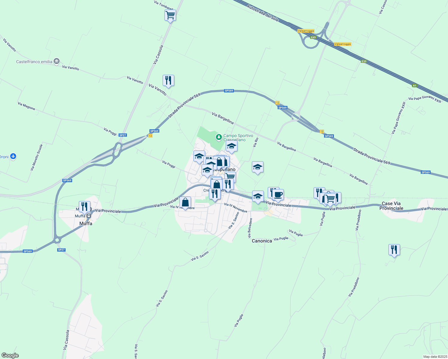 map of restaurants, bars, coffee shops, grocery stores, and more near in Crespellano
