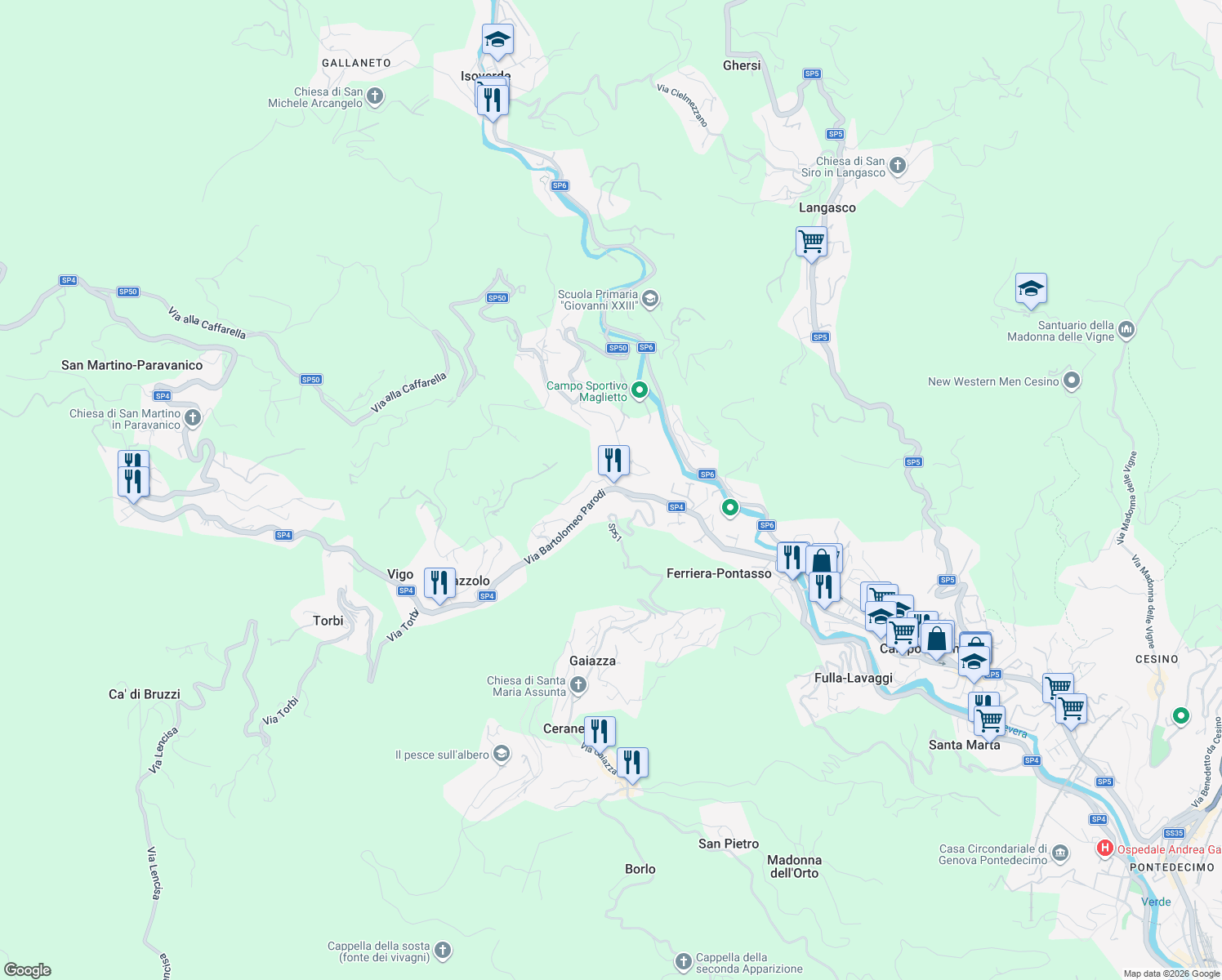 map of restaurants, bars, coffee shops, grocery stores, and more near 2 Via Montagnola in Campomorone