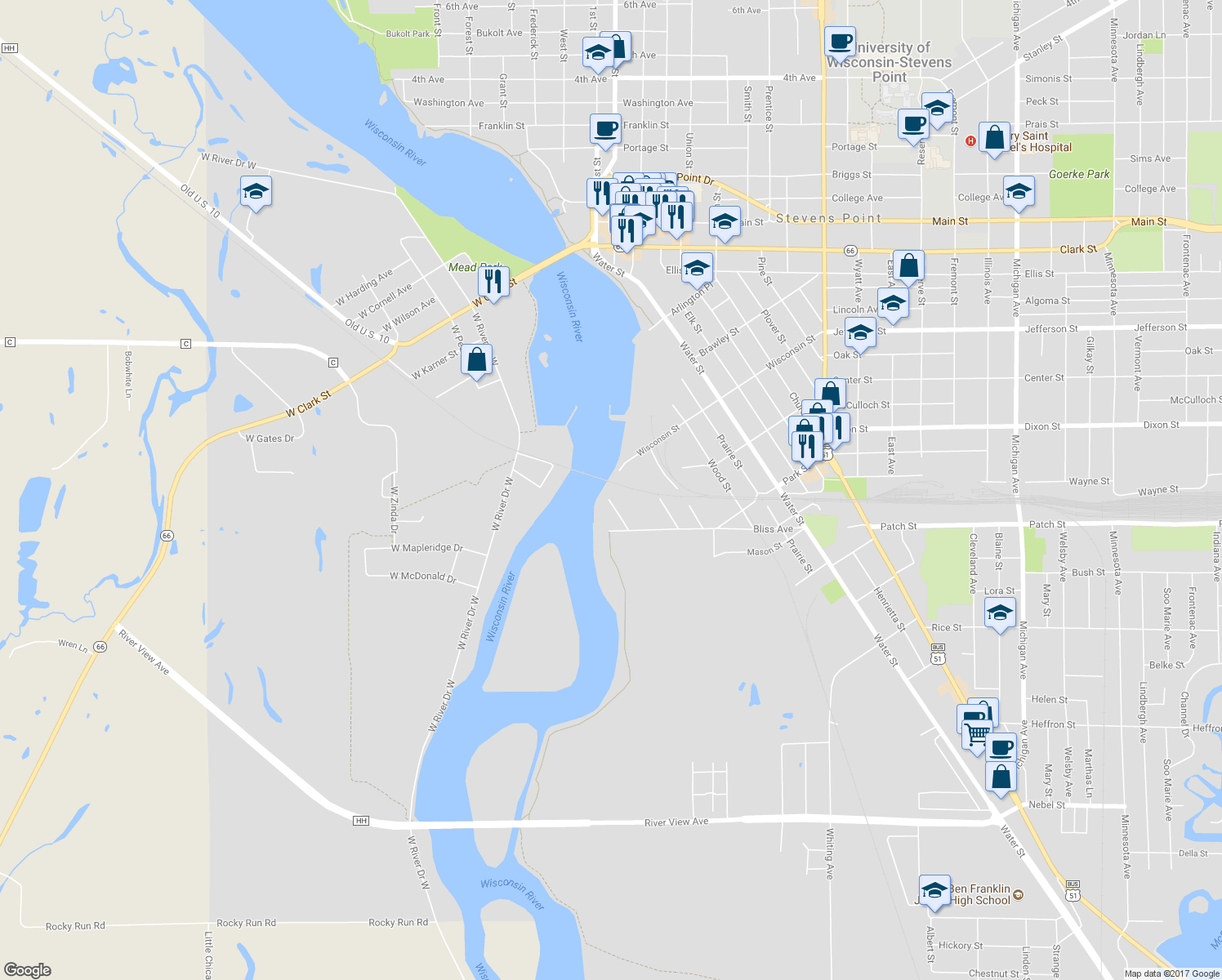 map of restaurants, bars, coffee shops, grocery stores, and more near 1909 Cypress Street in Stevens Point