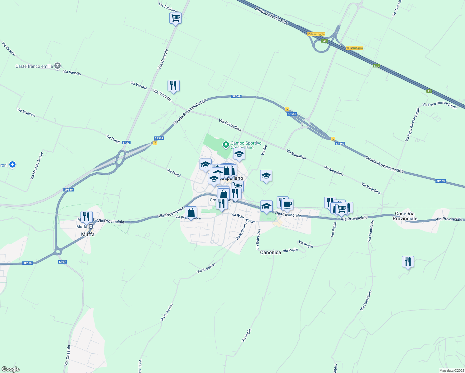 map of restaurants, bars, coffee shops, grocery stores, and more near 999 Via Lenzarini in Crespellano